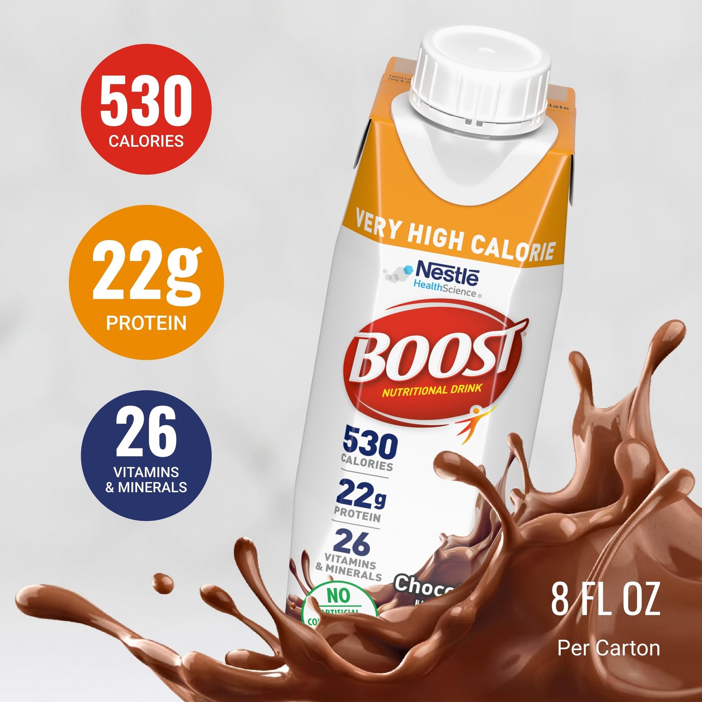 BOOST Nutritional Drink - Very High Calorie, 22g Protein, 530 Calories - 8 fl oz, Chocolate - Pack of 24