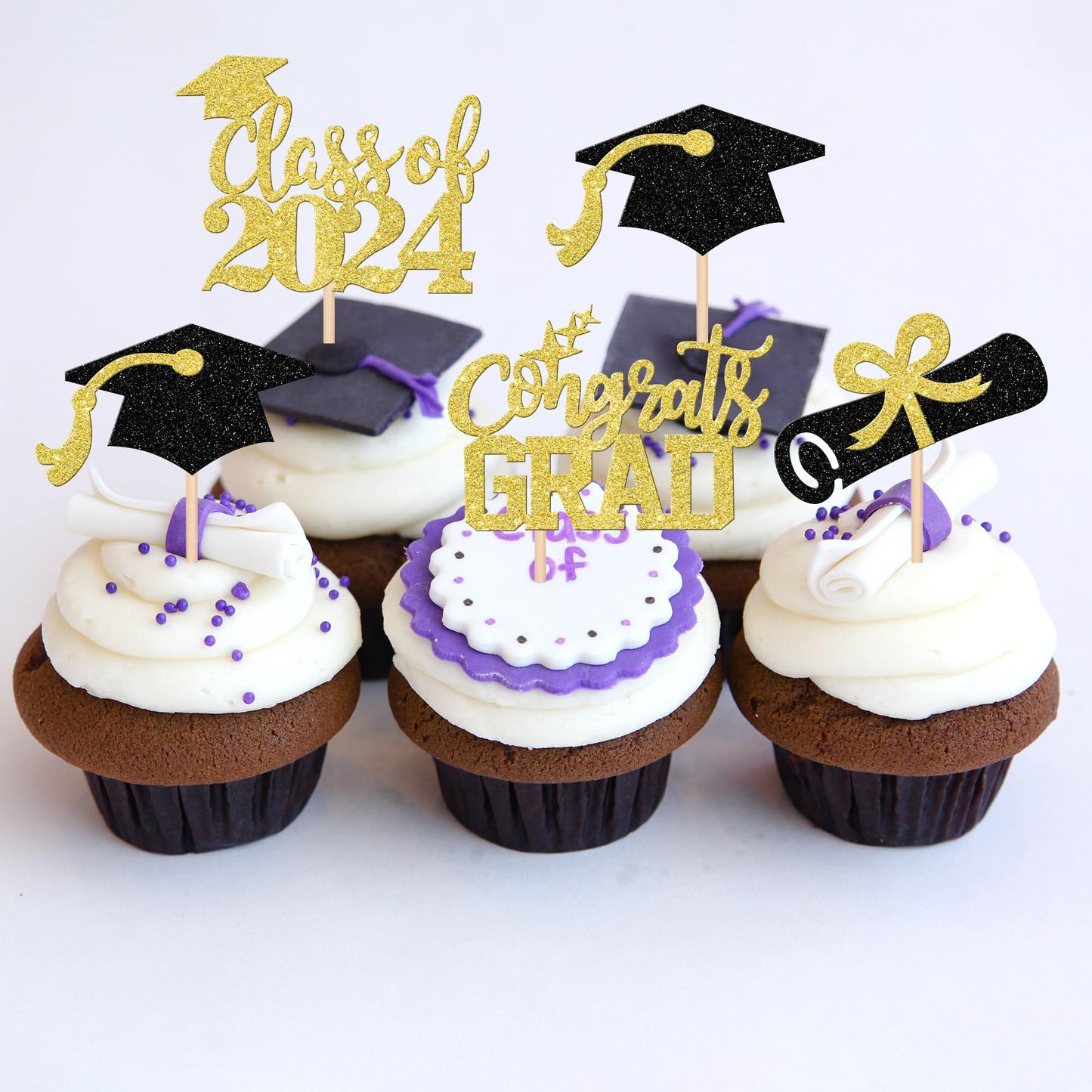 24 Pcs 2024 Graduation Cupcake Toppers Glitter Class Of 2024 Diploma Congrats Grad Cap Cupcake Picks 2024 Graduation Theme Party