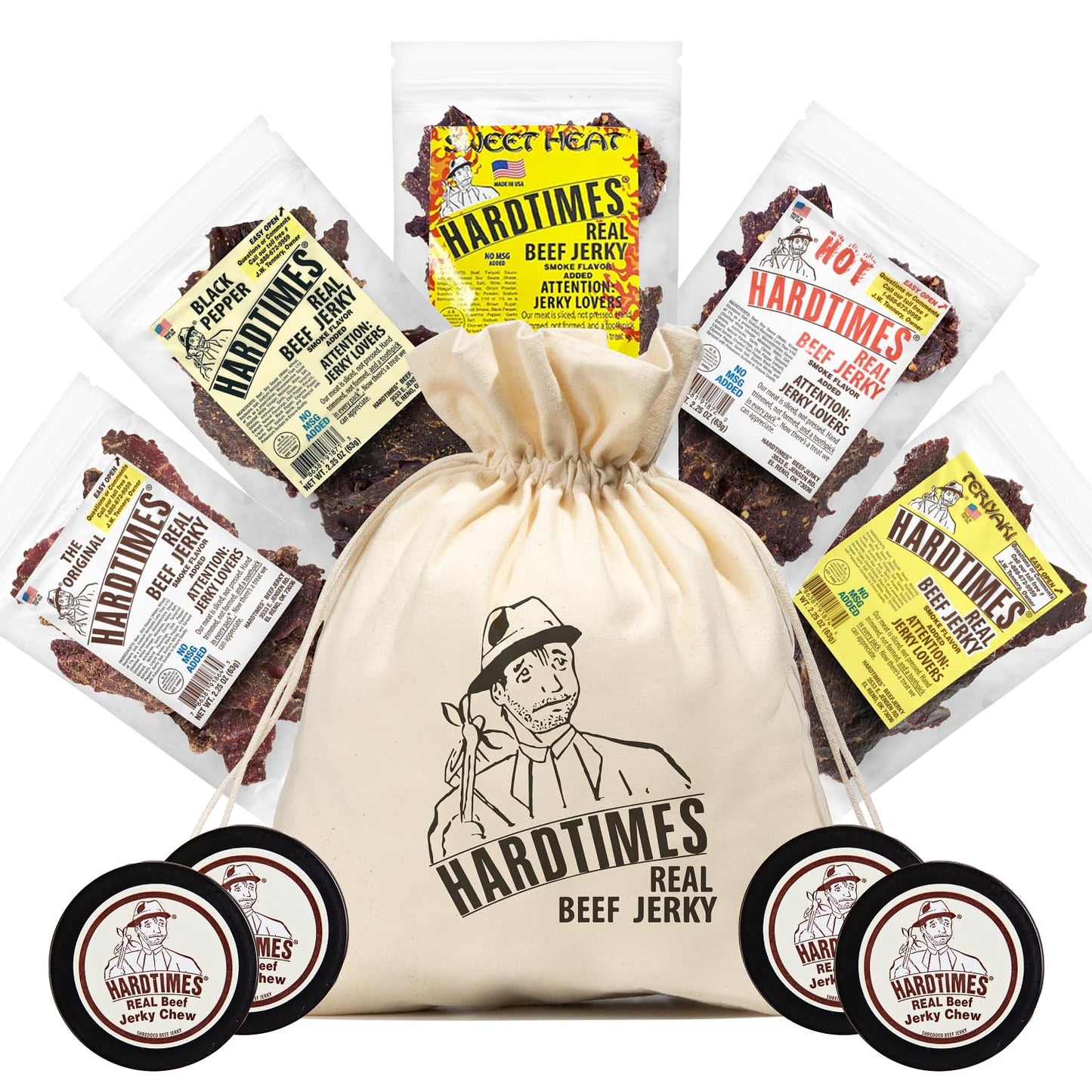 Hardtimes Beef Jerky - Variety, Specialty Gift Bag - Great Gift for Father's Day, Holiday, & Birthday - 5 Pack of 2.25 oz Bags O