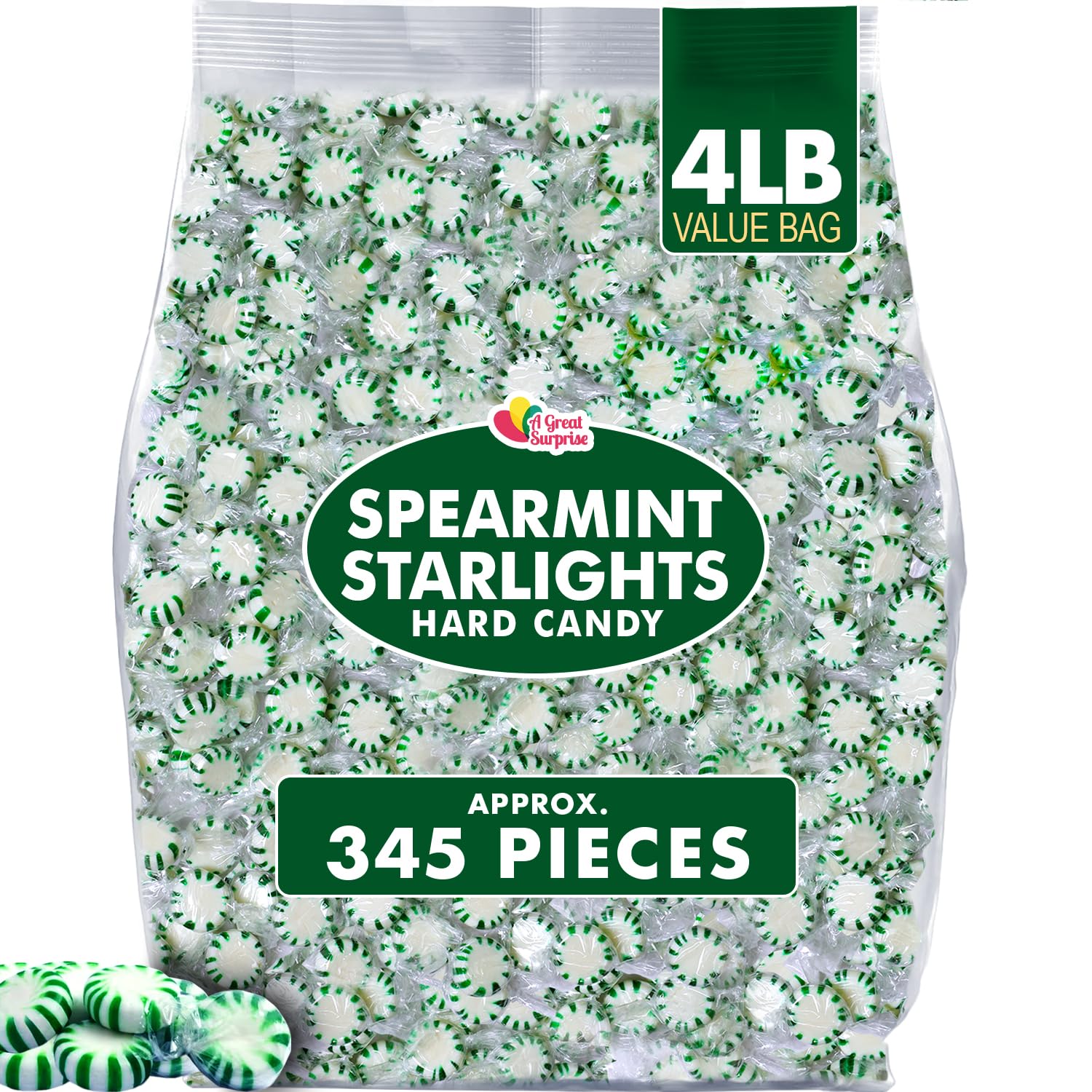 A Great Surprise Spearmint Starlight Mints - 4-Pound Bulk Bag - Individually Wrapped - Green and White Hard Candies for Office, 