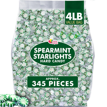 A Great Surprise Spearmint Starlight Mints - 4-Pound Bulk Bag - Individually Wrapped - Green and White Hard Candies for Office, 