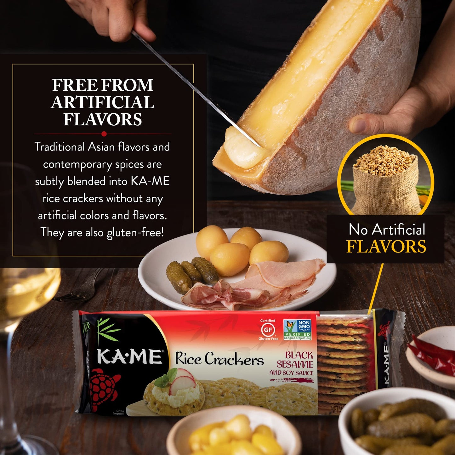 Ka-Me Rice Crackers Gluten Free And Non Gmo Verified - Black Sesame & Soy (Pack Of 12)