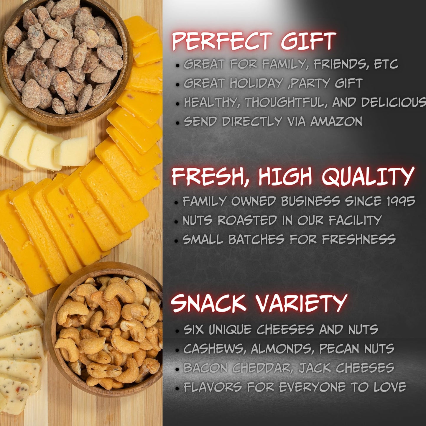 SUGAR PLUM Cheese and Nuts Gift Basket - 1.5 lbs, Includes Cashews, Almonds, Pecans, Jack and Cheddar Cheeses, Perfect for Gifting