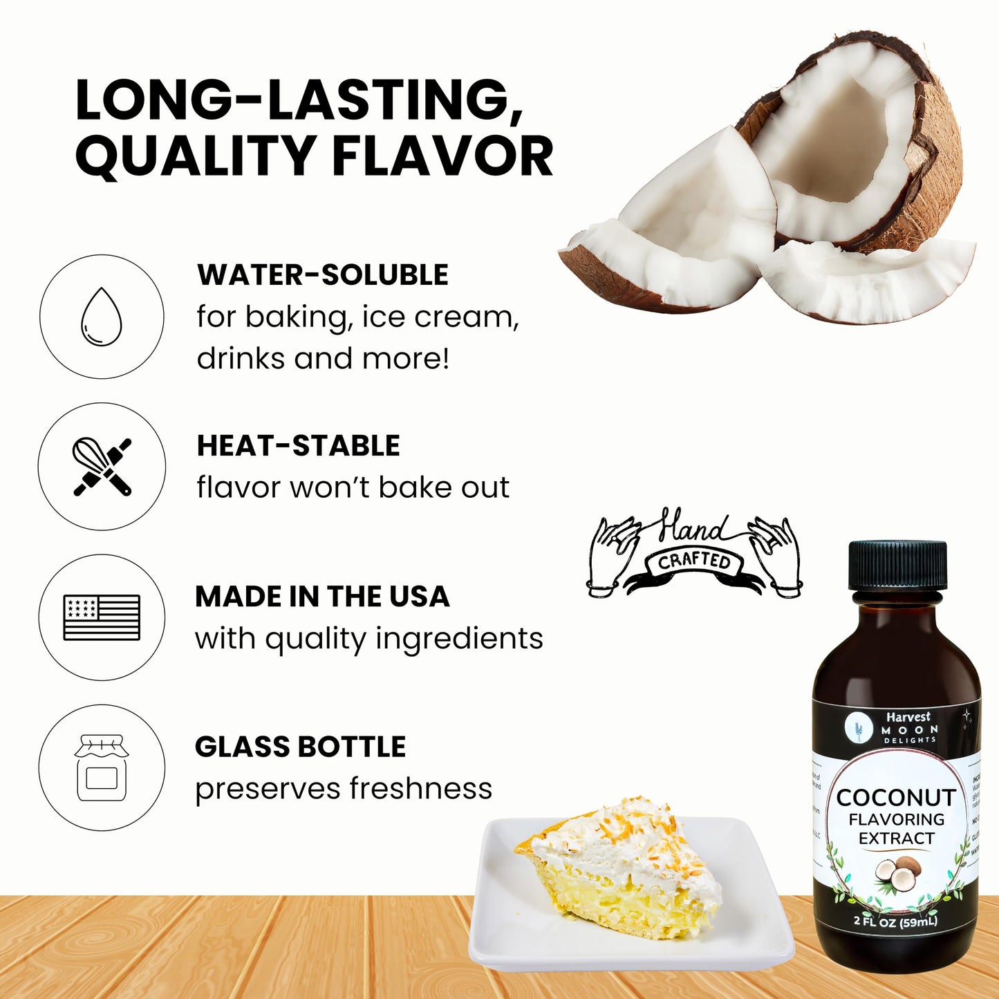 Natural Coconut Extract - 2 Oz - Water-Soluble - By Harvest Moon Delights - Coconut Extract For Baking, Ice Cream, Drinks, And C