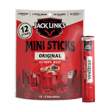 Jack Link's Mini 100% Beef Sticks, Original Flavor - 6g of Protein Snacks, 65 Calories per Stick, On the Go Snacking, Keto & Pal