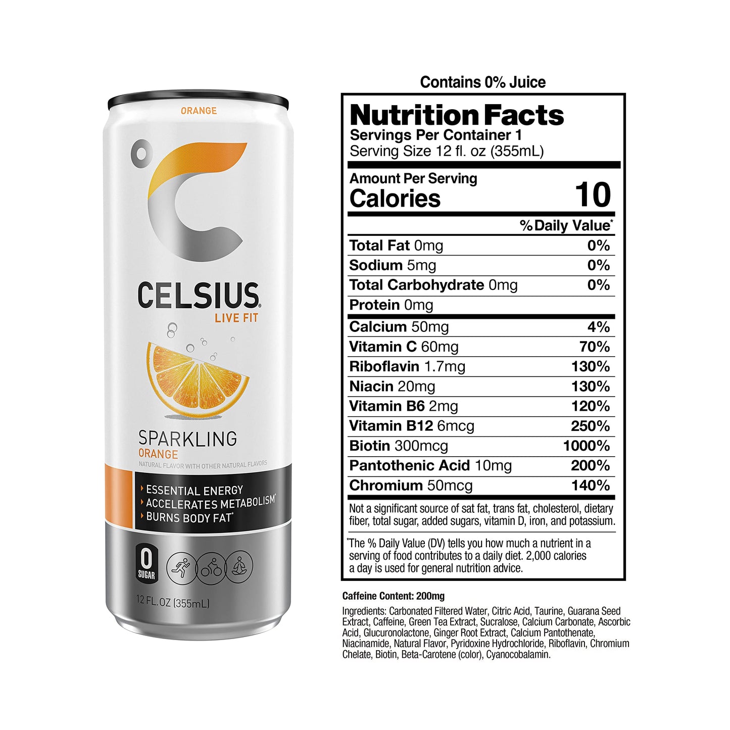 CELSIUS Sparkling Orange Energy Drink, 12 Fl Oz, Pack of 24, Model 889392000368