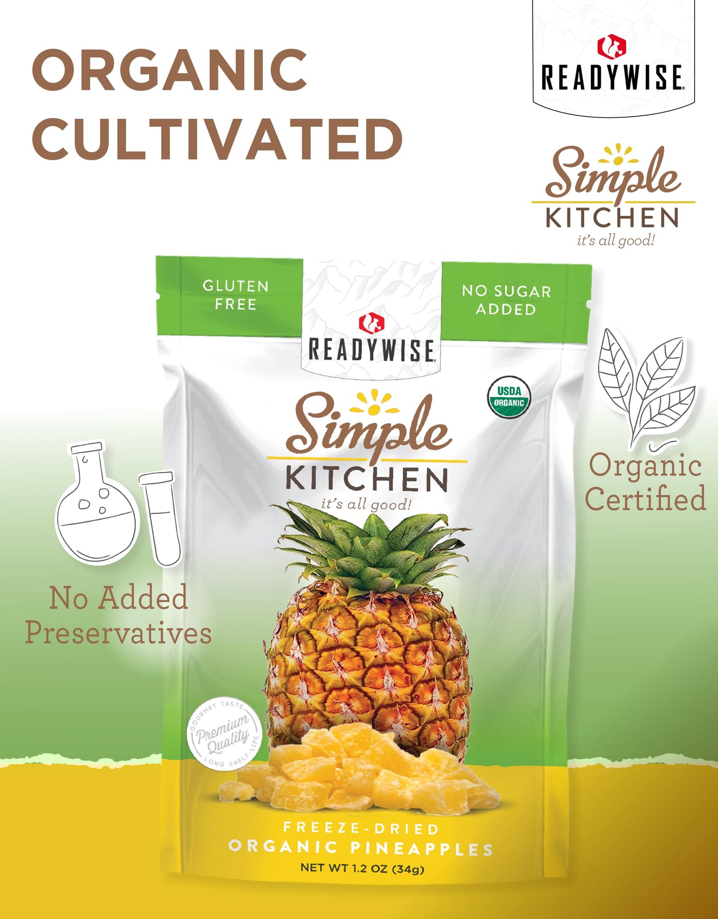ReadyWise Freeze-Dried Organic Pineapples, 1 Pack, Vegetarian, Gluten Free, Model RWSK05-016, Healthy Snacks, Dried Fruit