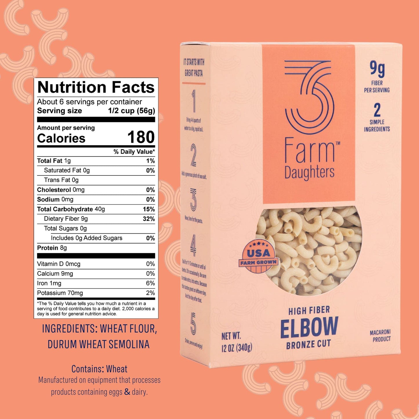 Three Farm Daughters High Fiber Elbow Macaroni Pasta Pack  Low GI  Non GMO Elbow Pasta Noodles  Low Net Carb  Made in the USA  12 oz. (1 Pack)