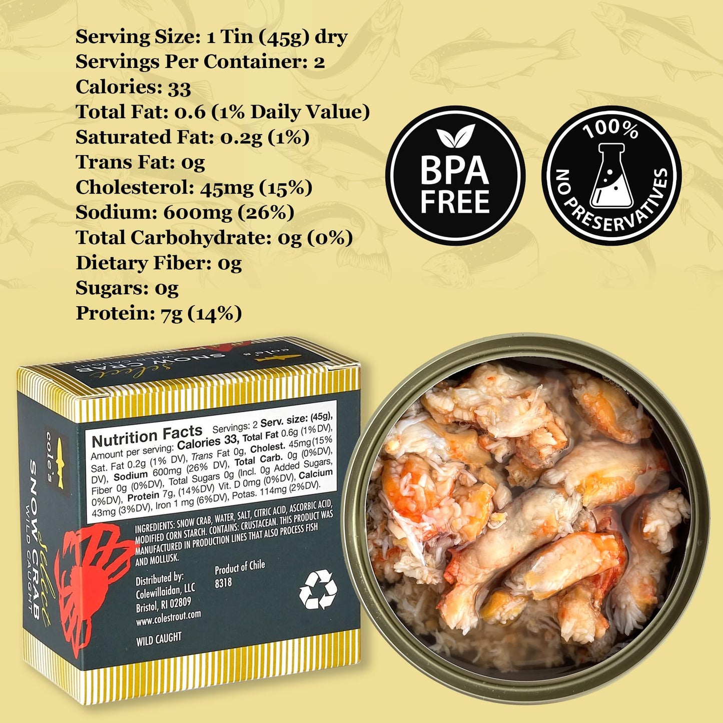 Coles Snow Crab Meat - Wild Caught, High in Protein & Omega 3 - 5.3 oz Can
