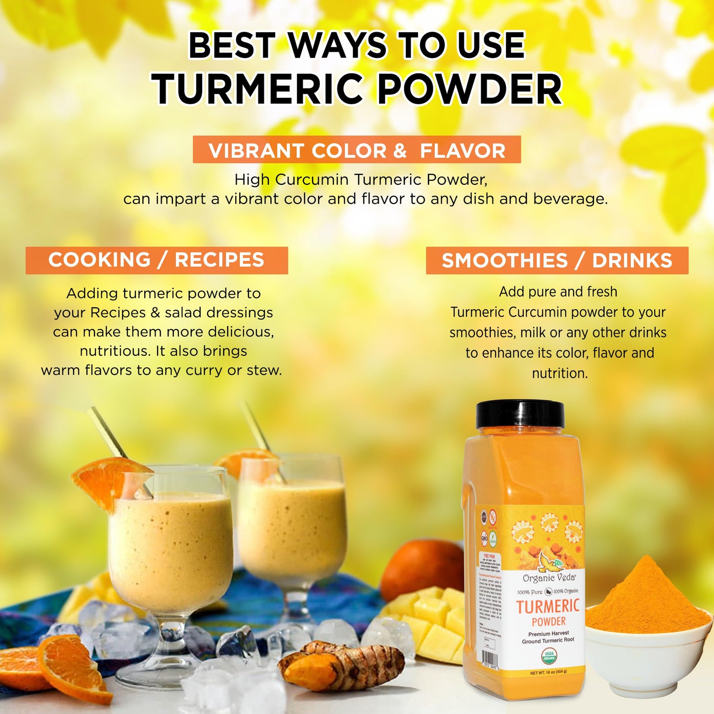 Organic Veda Turmeric Powder, 16 Oz - 100% Pure & Organic Turmeric Curcumin Root Powder - Usda Certified Ultra-Fine Turmeric Roo