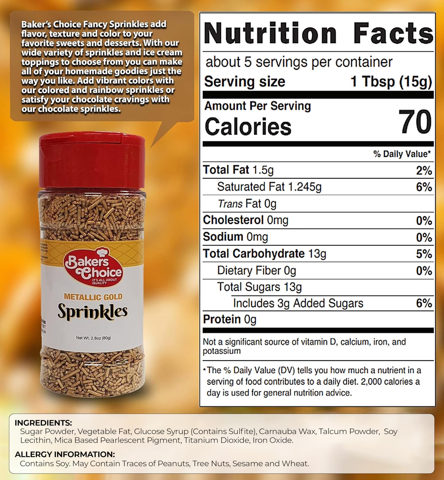 Bakers Choice Metallic Gold Sprinkles - Jimmies for Ice Cream Toppings, Dairy Free, Kosher, 2.8 oz.