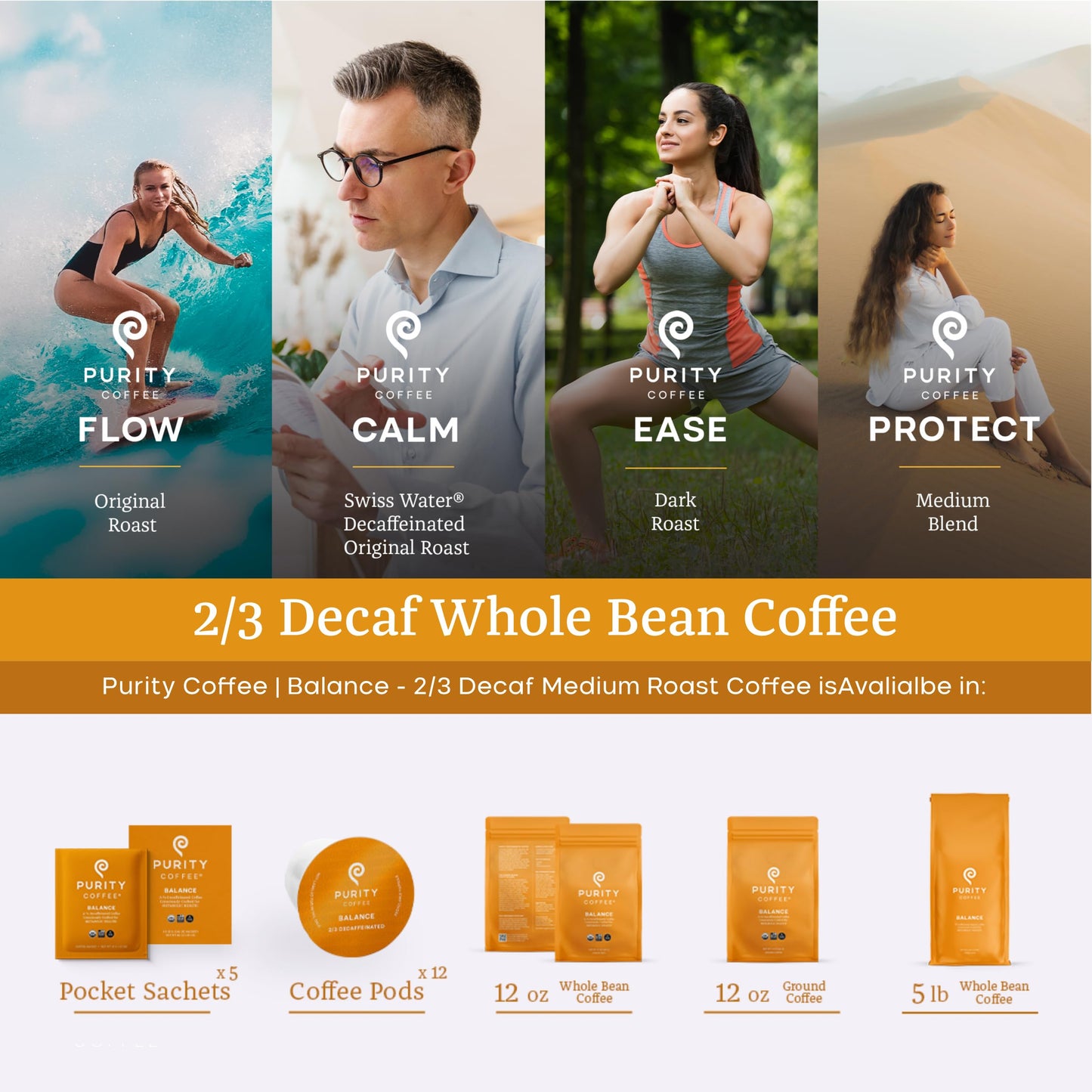 PURITY COFFEE BALANCE Decaf Medium Roast Whole Bean Coffee, USDA Organic, 12oz Bag
