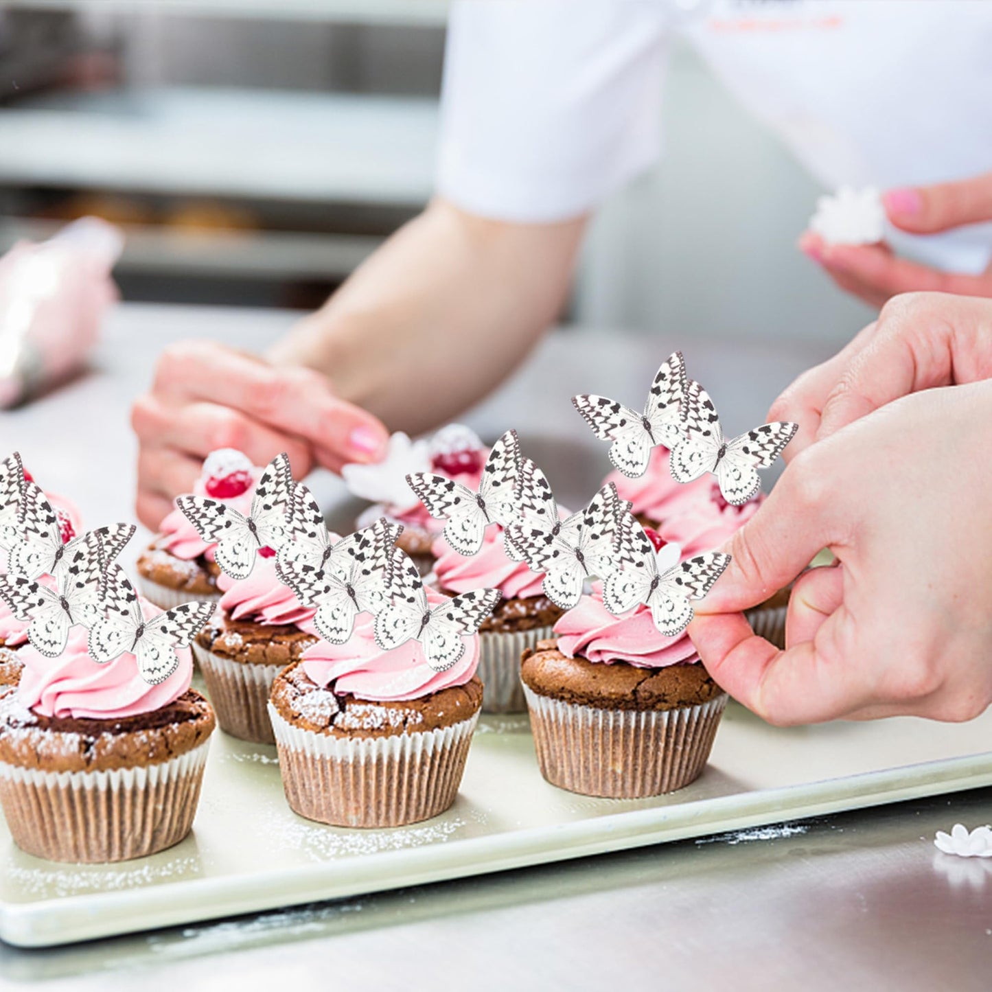 Rssta i 48 Pack Edible Butterflies for Cake Decorating, Silver Wafer Paper Cupcake Toppers