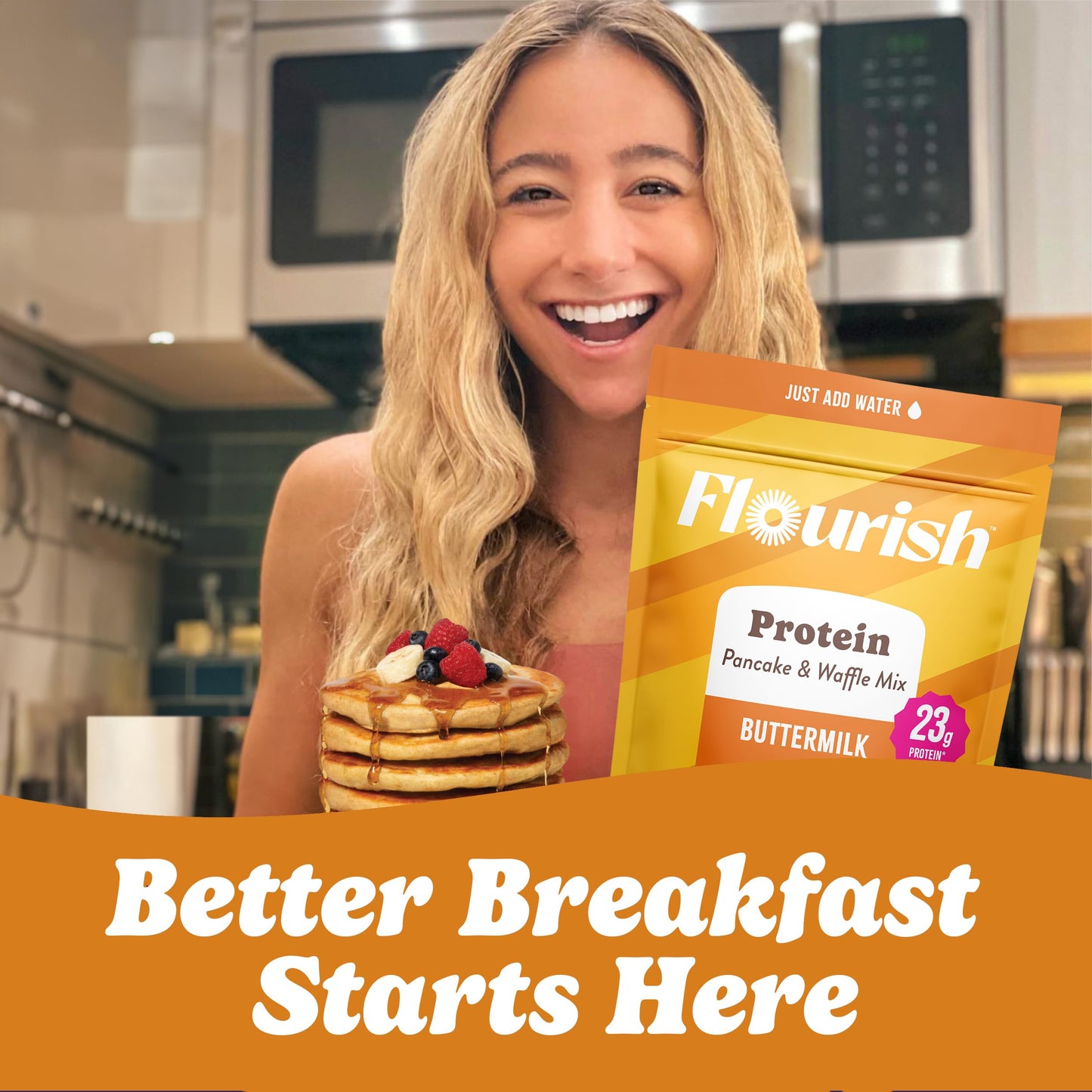 Flourish Protein Pancake & Waffle Mix, With Whey Protein & Flax Seed, No Added Sugar, High In Protein & Fiber - Just Add Water -