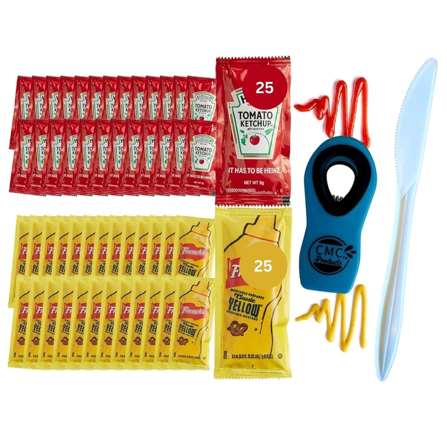 Gift Set: 25 Ketchup (9g) & 25 Mustard (7g) Packets - 50 Total Condement Packs with CMC Products Clip and Spreader (approximatel