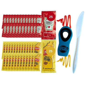 Gift Set: 25 Ketchup (9g) & 25 Mustard (7g) Packets - 50 Total Condement Packs with CMC Products Clip and Spreader (approximatel