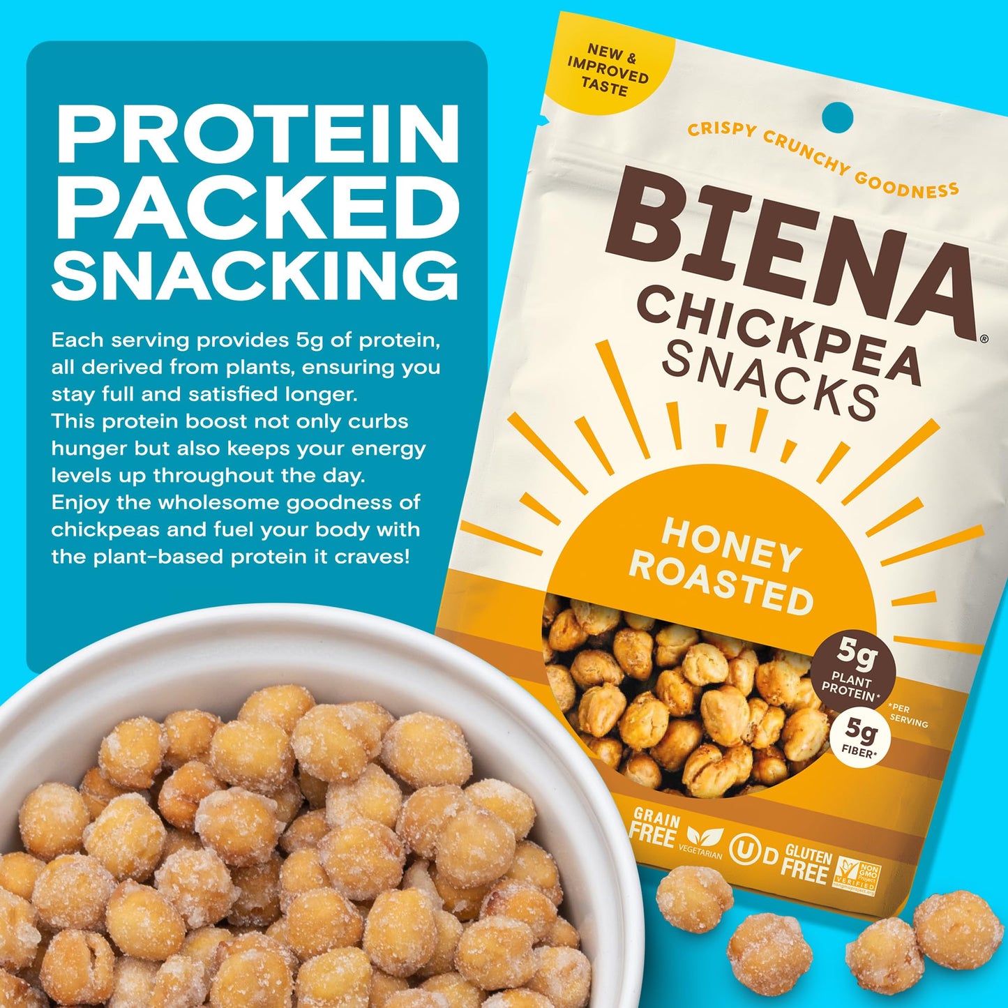 BIENA Chickpea Snacks - Crunchy Roasted - High Fiber Protein - 4-Pack, 5 Ounce Bags - Honey Roasted - Brown