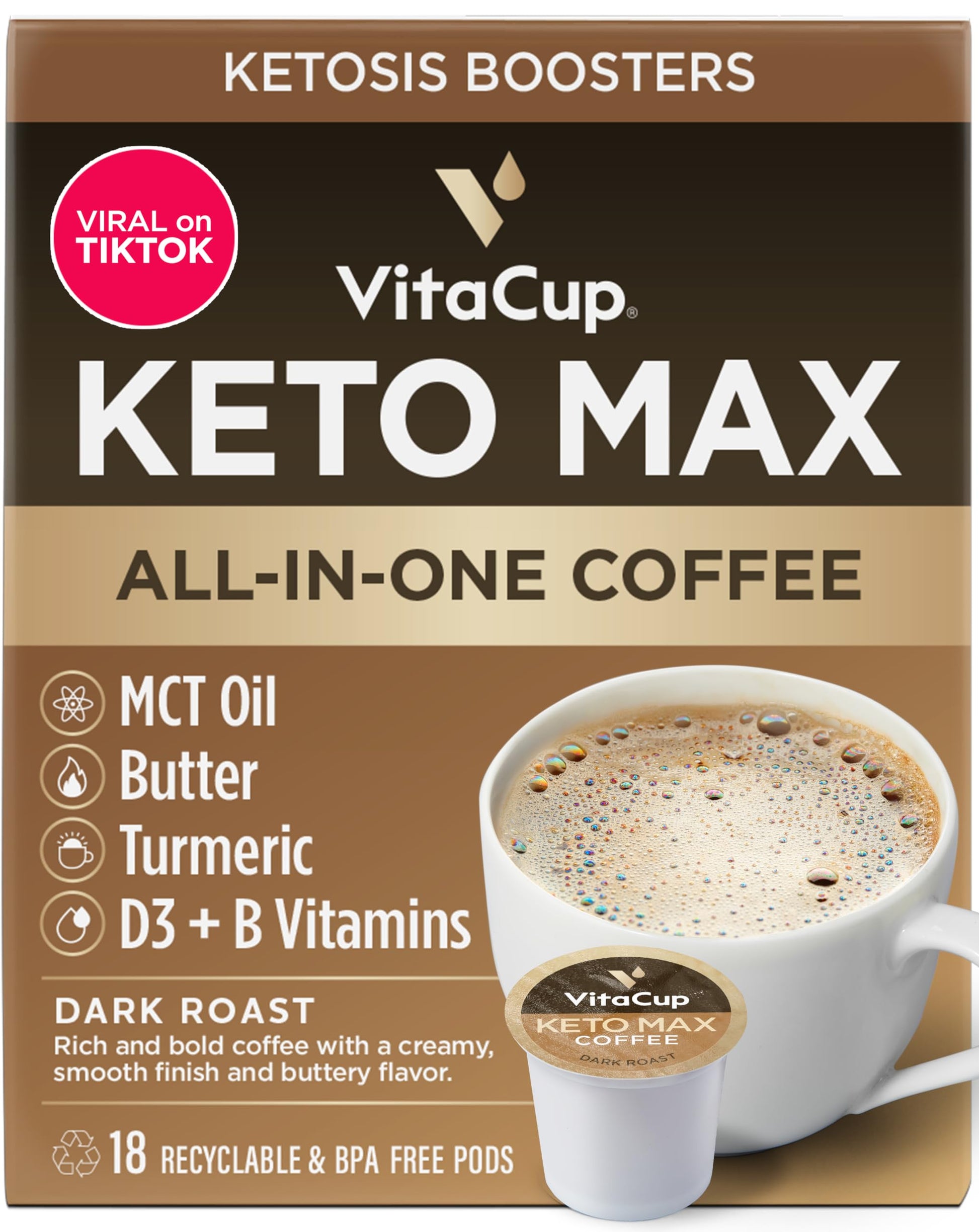 VitaCup Keto Max Dark Roast Coffee Pods, 18 Count, Compatible with Keurig K-Cup Brewers, USDA Organic, Includes MCT Oil & Turmeric