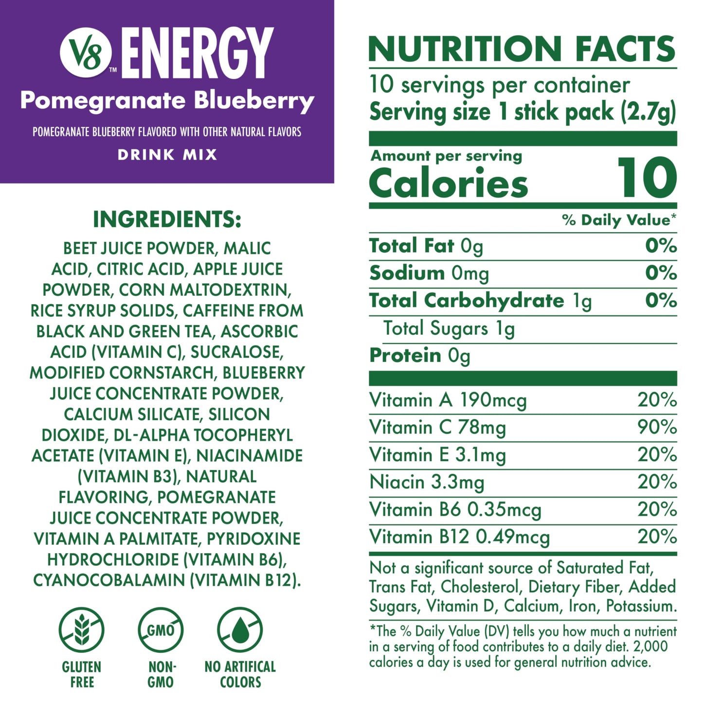 V8 Energy Pomegranate Blueberry Energy Drink Powder  .10 oz Packet (120 Count)
