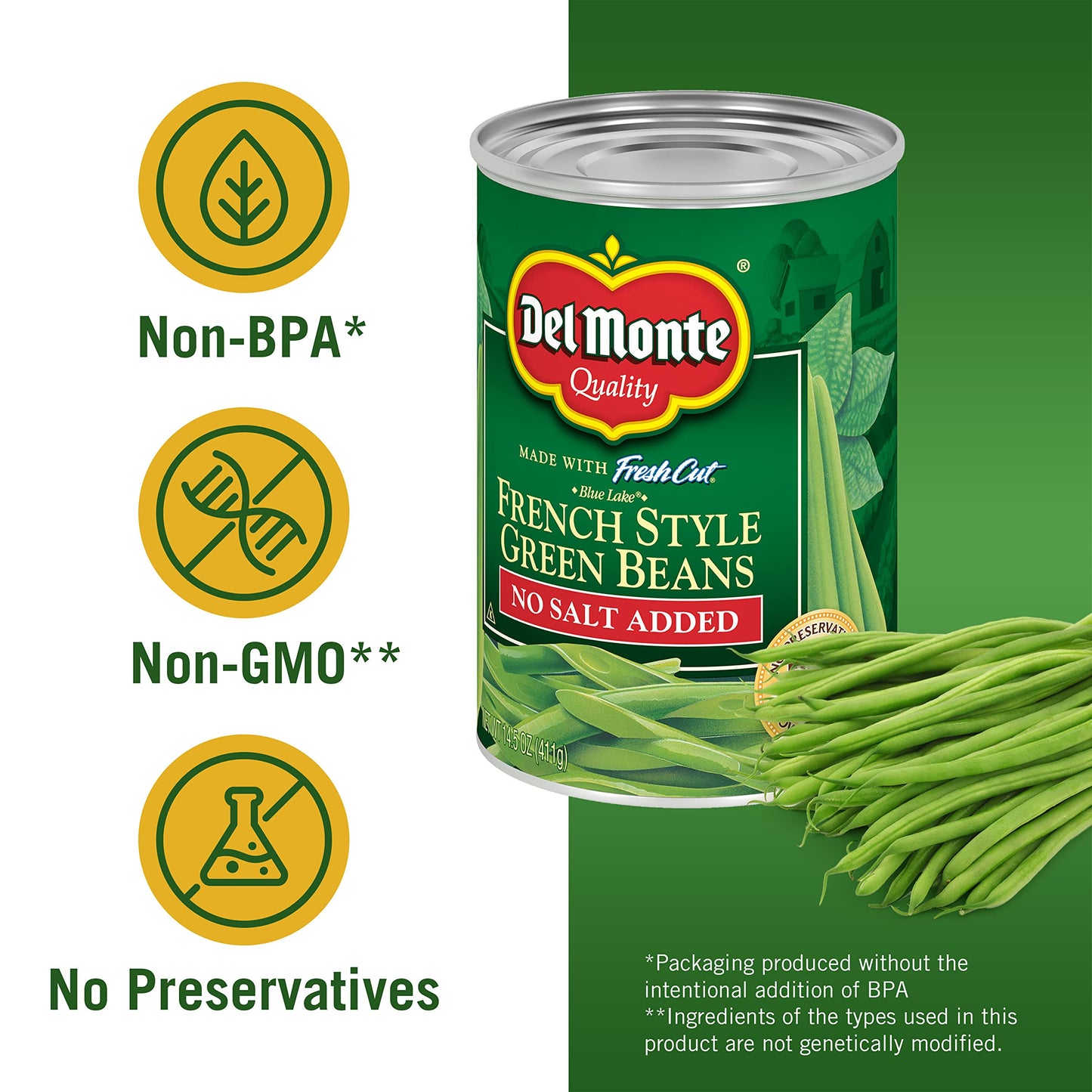 Del Monte FRESH CUT BLUE LAKE French Style Green Beans, No Salt Added Canned Vegetables, 12 Pack, 14.5 oz Can
