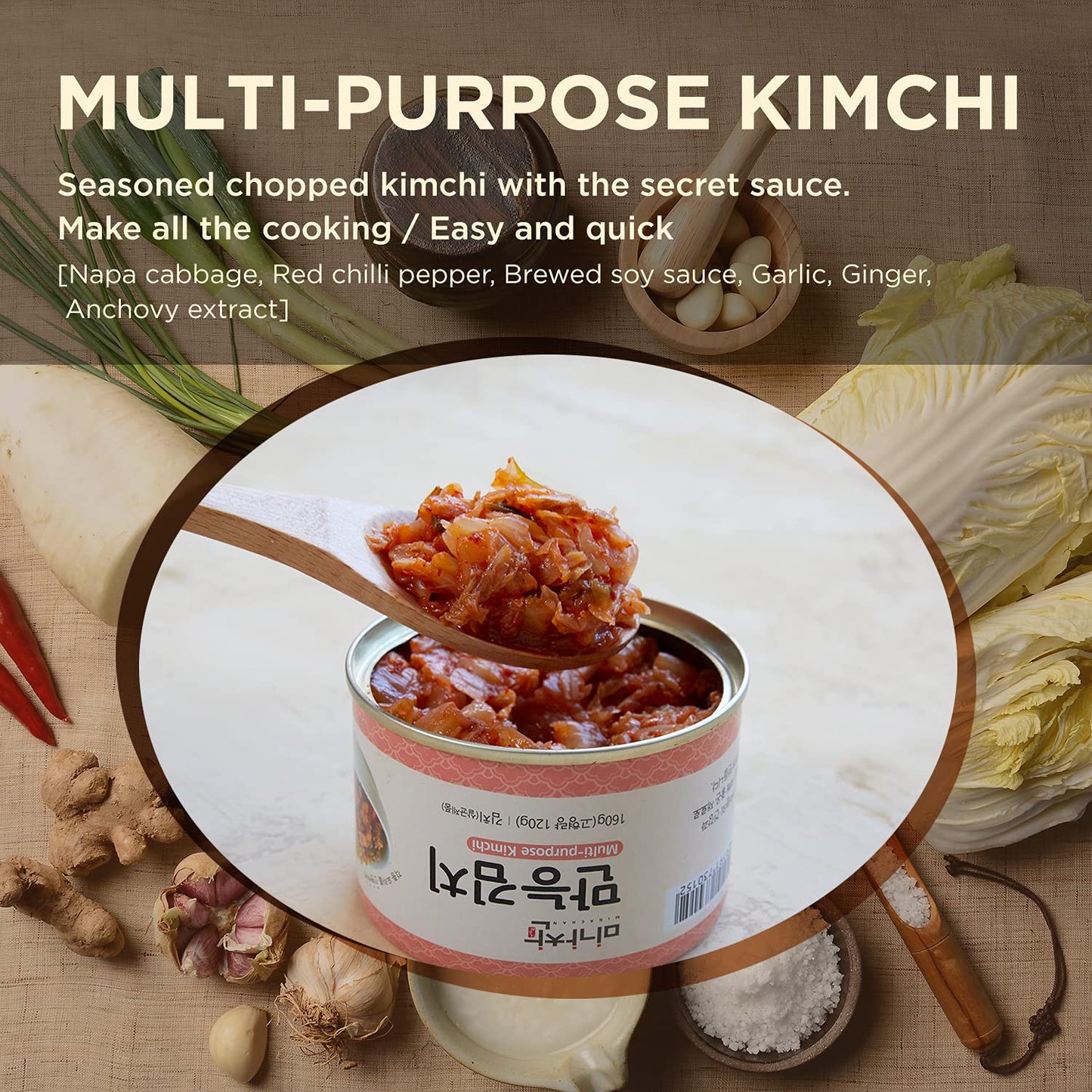 Korean Canned Napa Cabbage Kimchi, Multi-Purpose Kimchi, 5.64Oz(160G), Pack Of 3, Kimchi Ideal For Any Recipe, Spicy Korean Flav