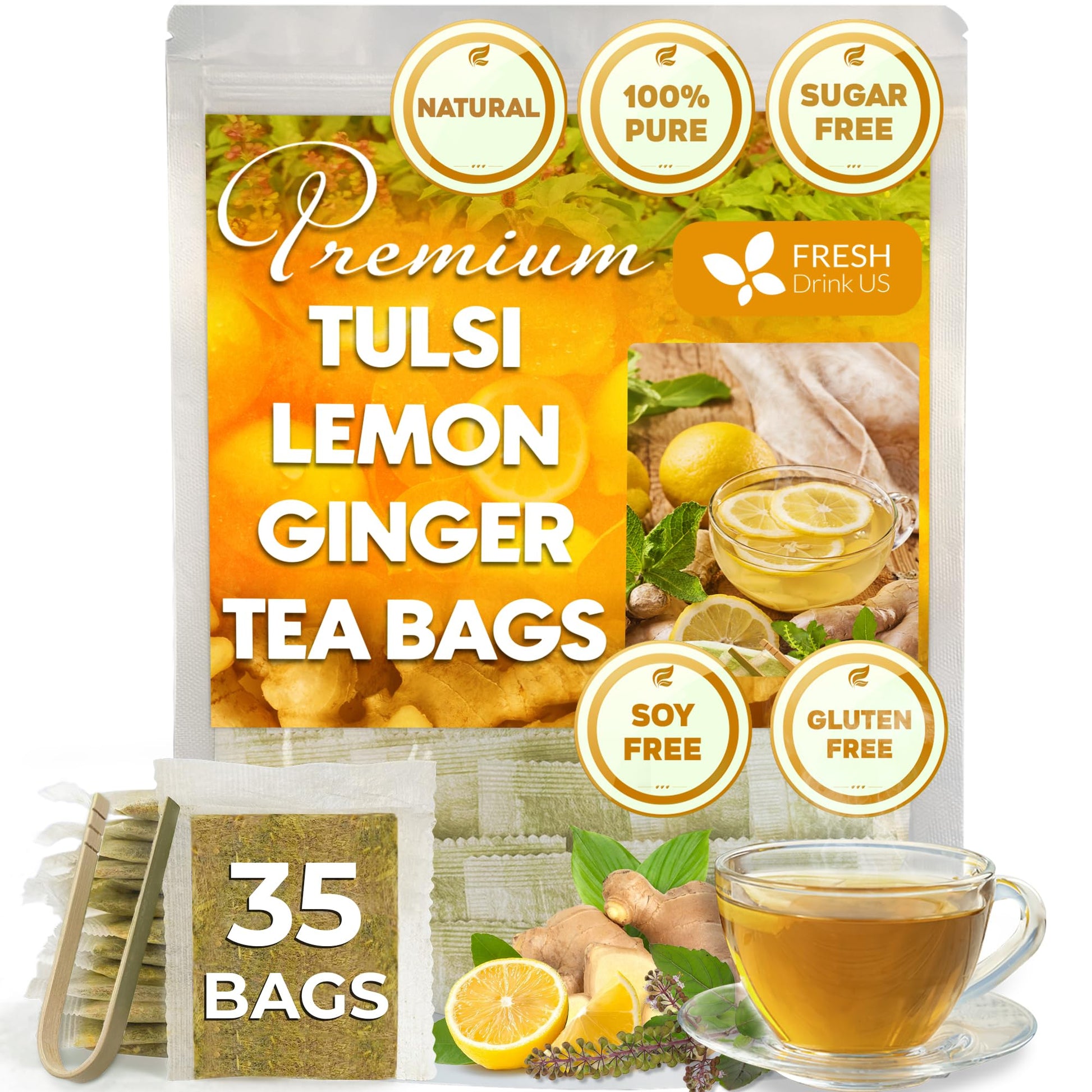 FRESHDRINKUS Tulsi Lemon Ginger Tea Bags, 100% Natural & Pure, 35 Count, Vegan, No Sugar, No Caffeine