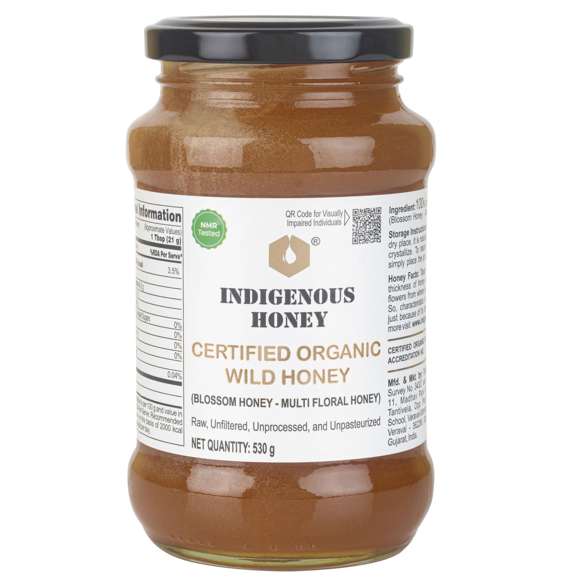 INDIGENOUS HONEY Raw Organic Honey NMR Tested NPOP Organic Certified Pure Natural Unprocessed Original Honey - 530 g Glass Jar (