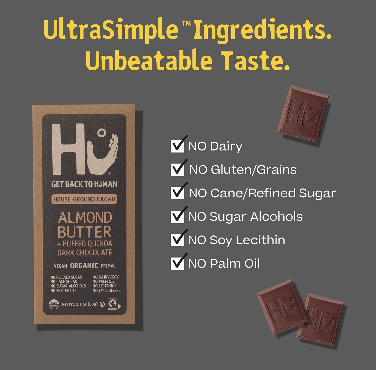 Hu Chocolate Bars | 12 Pack Almond Butter Puffed Quinoa Chocolate | Natural Organic Vegan, Gluten Free, Paleo, Non Gmo, Fair Trade Dark Chocolate | 2.1Oz Each
