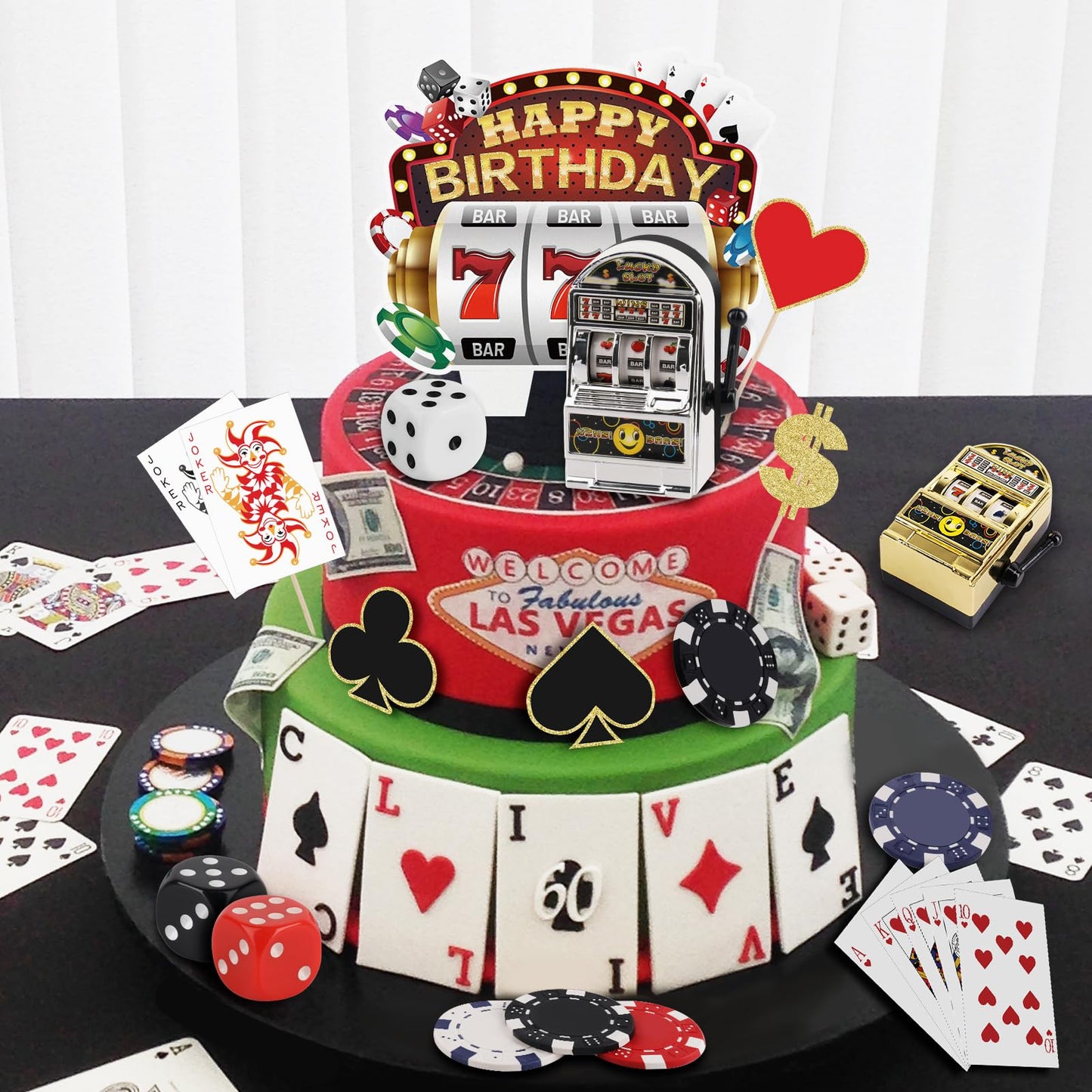 Atiloy  card-style Cake Topper Set - 24 Pieces, Mini Toy Slot Machine, Small, Plastic, Red/Black/White