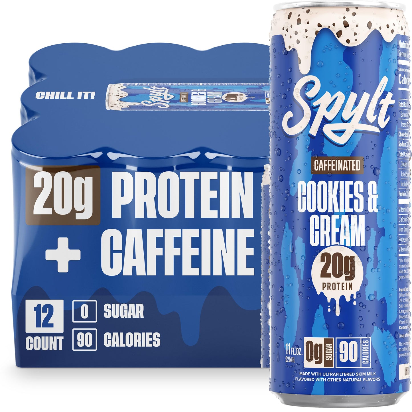 Spylt High Protein Cookies & Cream Milk, 20g Protein, 60mg Caffeine, Ready to Drink, 132 Fl Oz, Sugar Free, Lactose Free, 12 Count