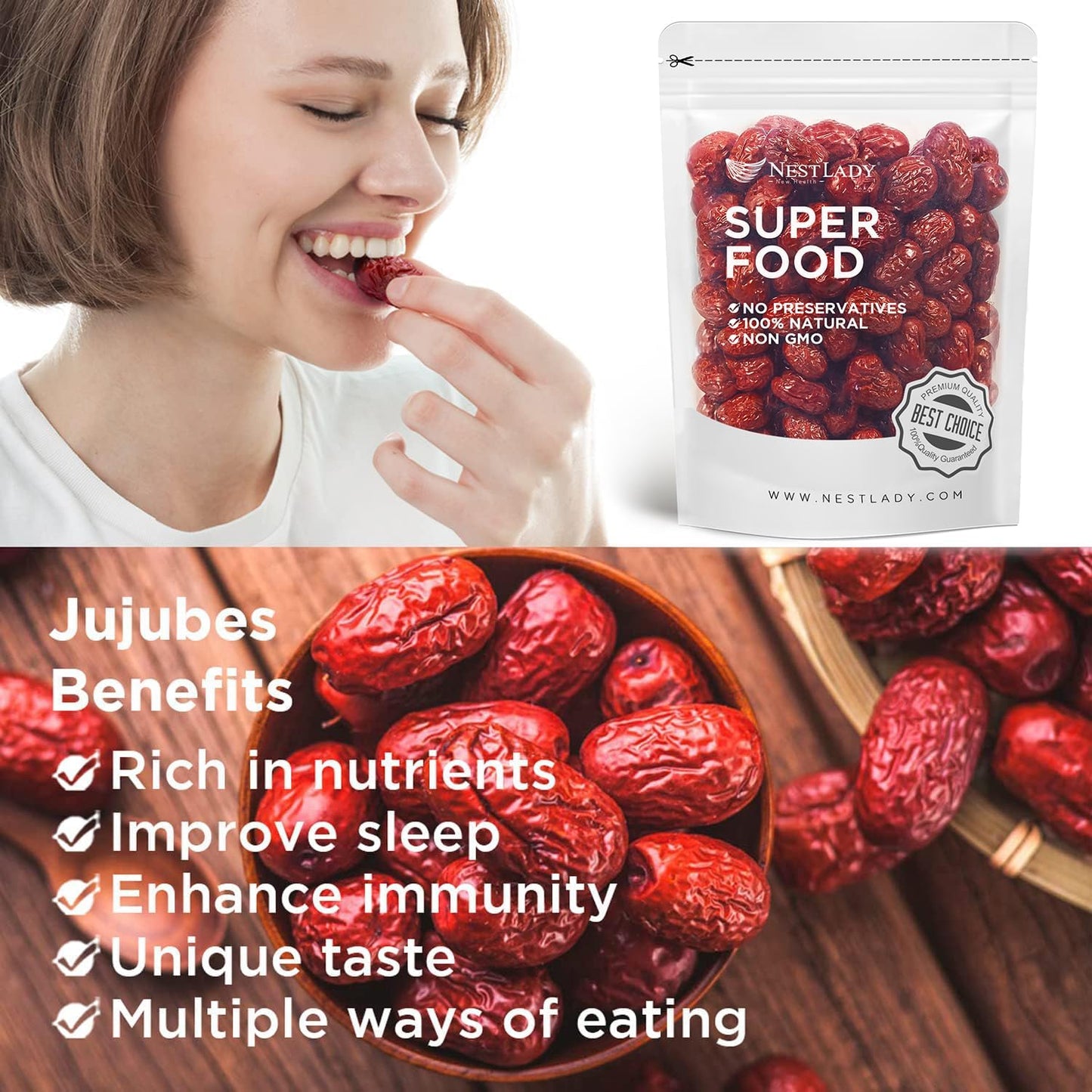 Nestlady Premium Jujube Date, Red Date (Hong Zao), 100% Natural, Improve Sleep, Health Snack, Dried Fruit, Sweet And Chewy Net W