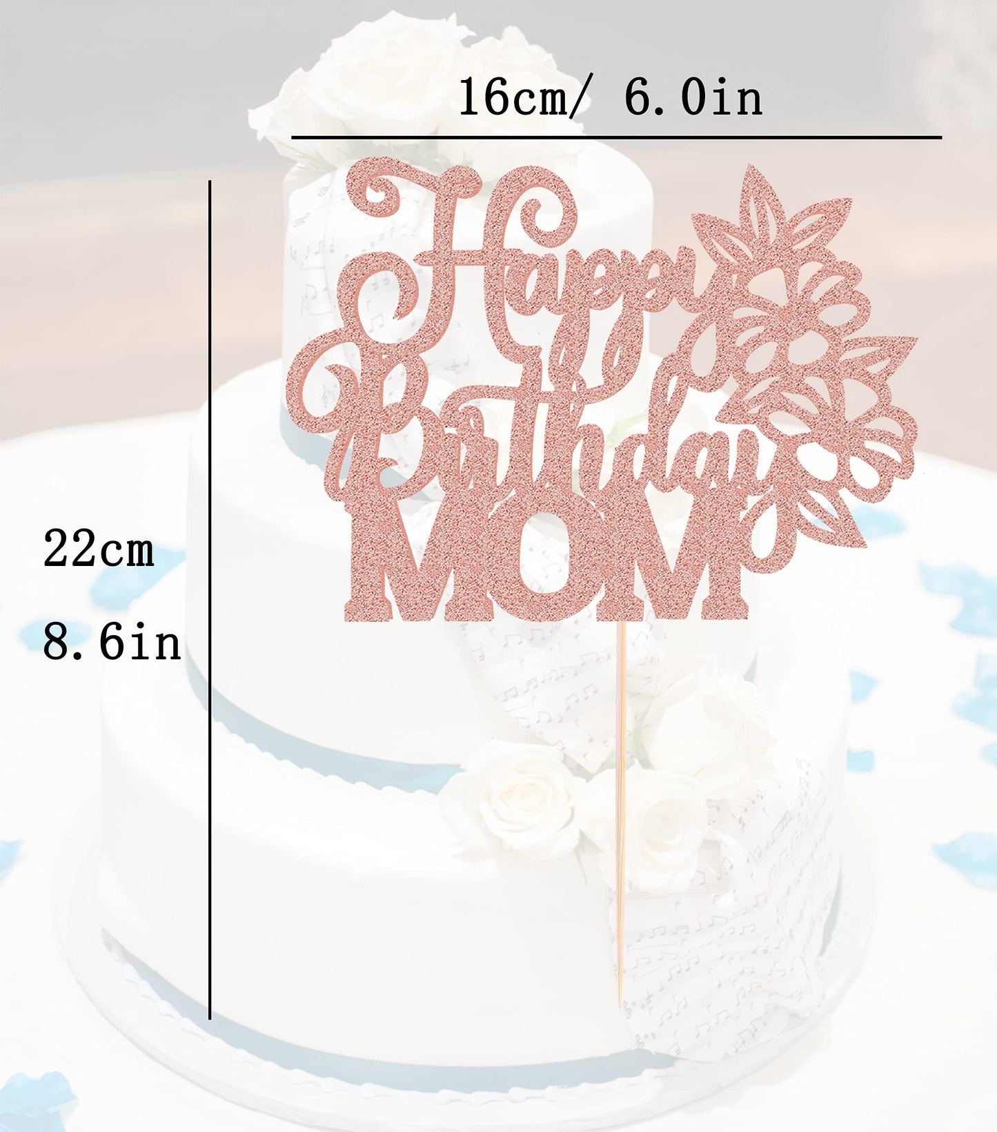 Ahaoray Happy Birthday Mom Cake Topper - Rose Gold Glitter Flower Mother'S Birthday Cake Decoration Supply - Birthday Party Deco