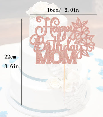 Ahaoray Happy Birthday Mom Cake Topper - Rose Gold Glitter Flower Mother'S Birthday Cake Decoration Supply - Birthday Party Deco