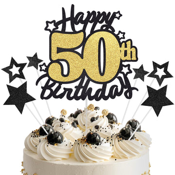 Happy 50th Birthday Cake Topper, Black and Gold Glitter Cake Toppers, 50 Year Birthday Party Cake Decoration