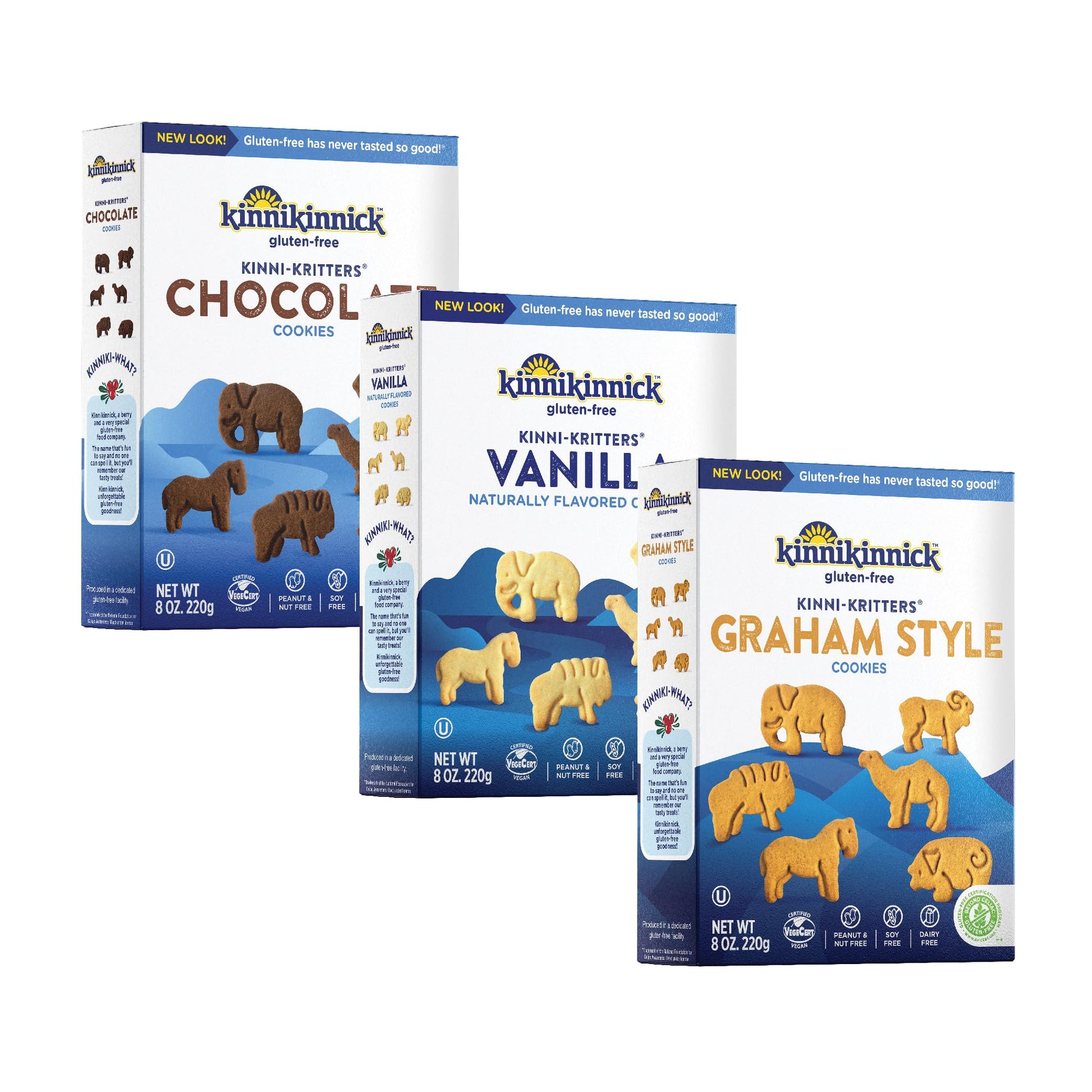 Kinnikinnick KinniKritters Animal Cookie Variety Pack - Vanilla, Chocolate, and Graham Style - Gluten Free, Allergy Friendly Veg