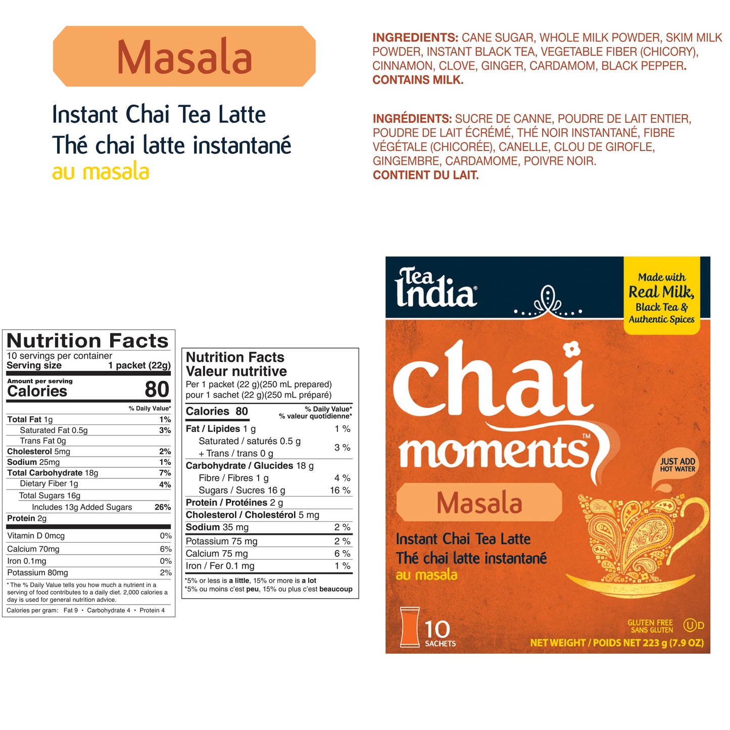 Tea India Masala Chai Instant Latte Mix, Premium Black Tea, 7.9 Ounce, 10 Sachets