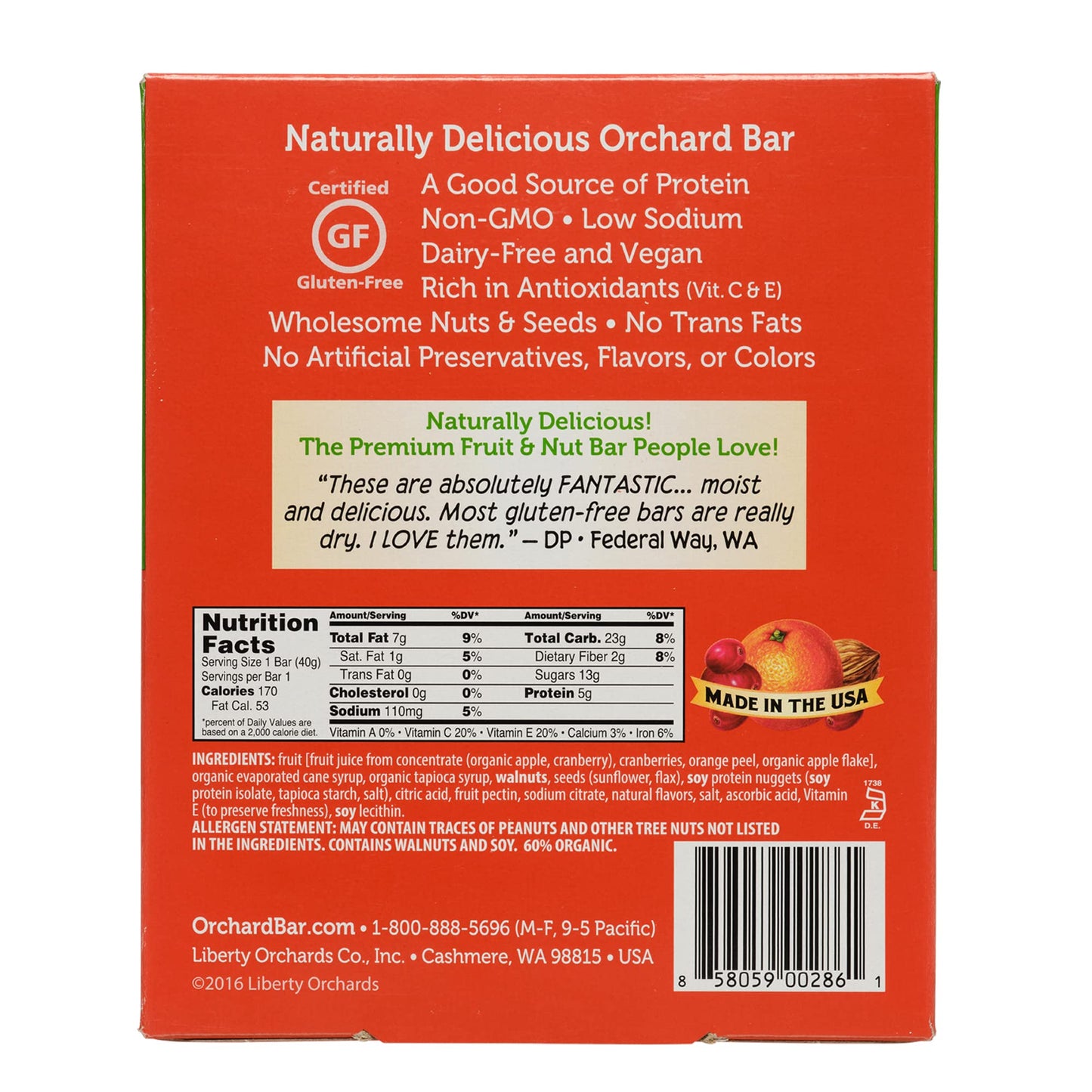 Orchard Bars Non-Gmo Fruit & Nut, Cranberry Orange Walnut, 1.4 Oz, 12 Count, Pack Of 9