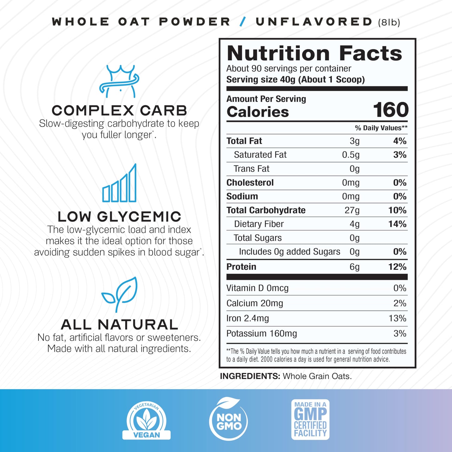 Muscle Feast Whole Oat Powder All Natural Complex Carb Non-GMO, Unflavored, 8lb