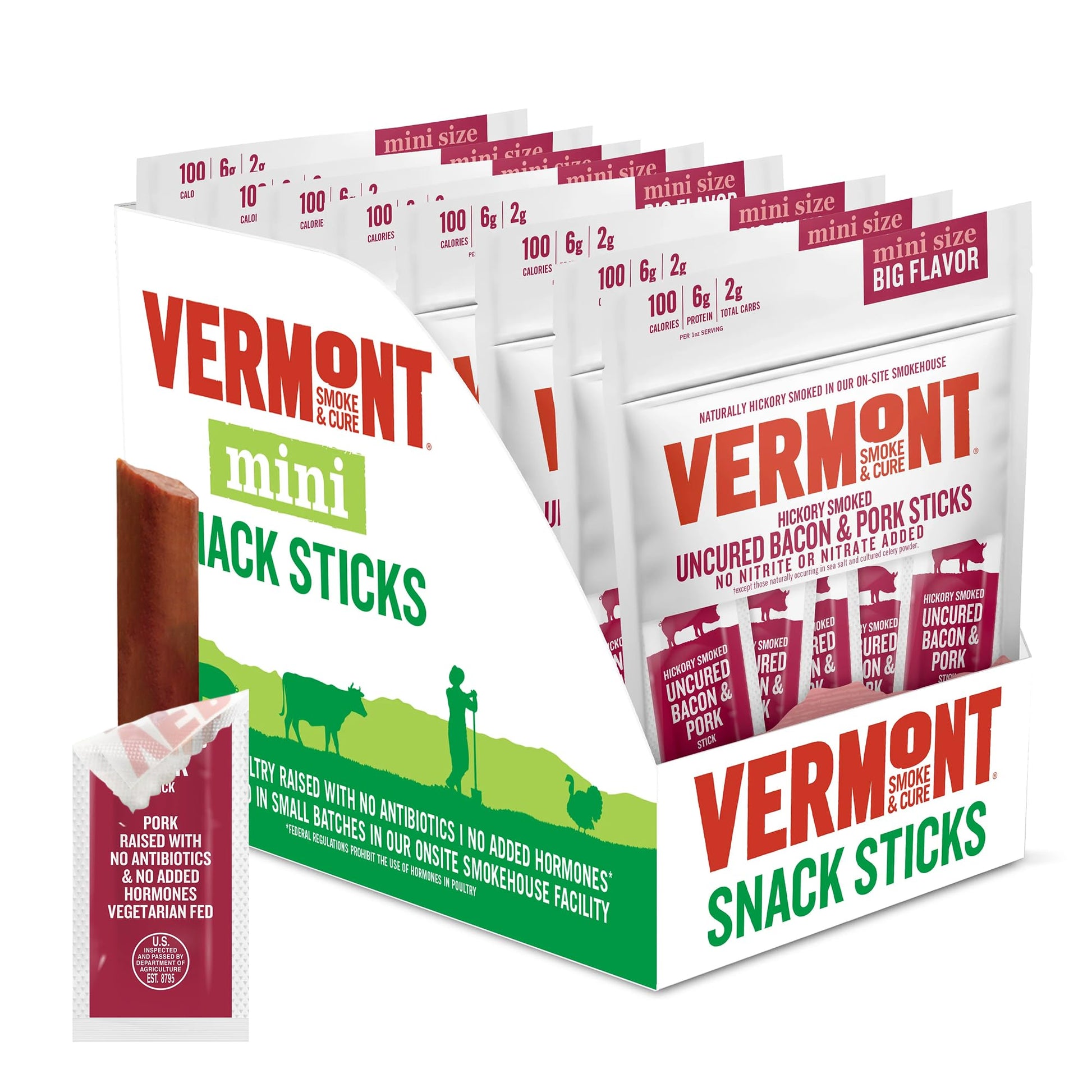 Vermont Smoke & Cure Hickory Smoked Uncured Bacon Pork Sticks, 0.5 oz, 48 Count, Portable Meat Snack for Adults & Kids