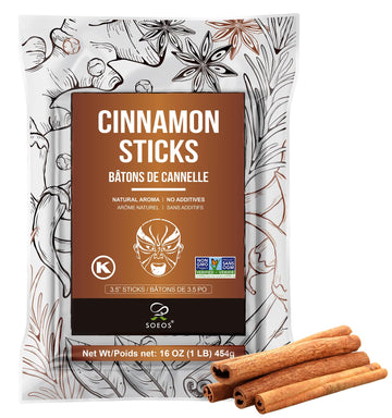 Soeos Cinnamon Sticks, 100% Raw, Non-GMO, Kosher Certified, 16 oz (454g) Cinnamon Seasoning Spice for Cooking and Baking