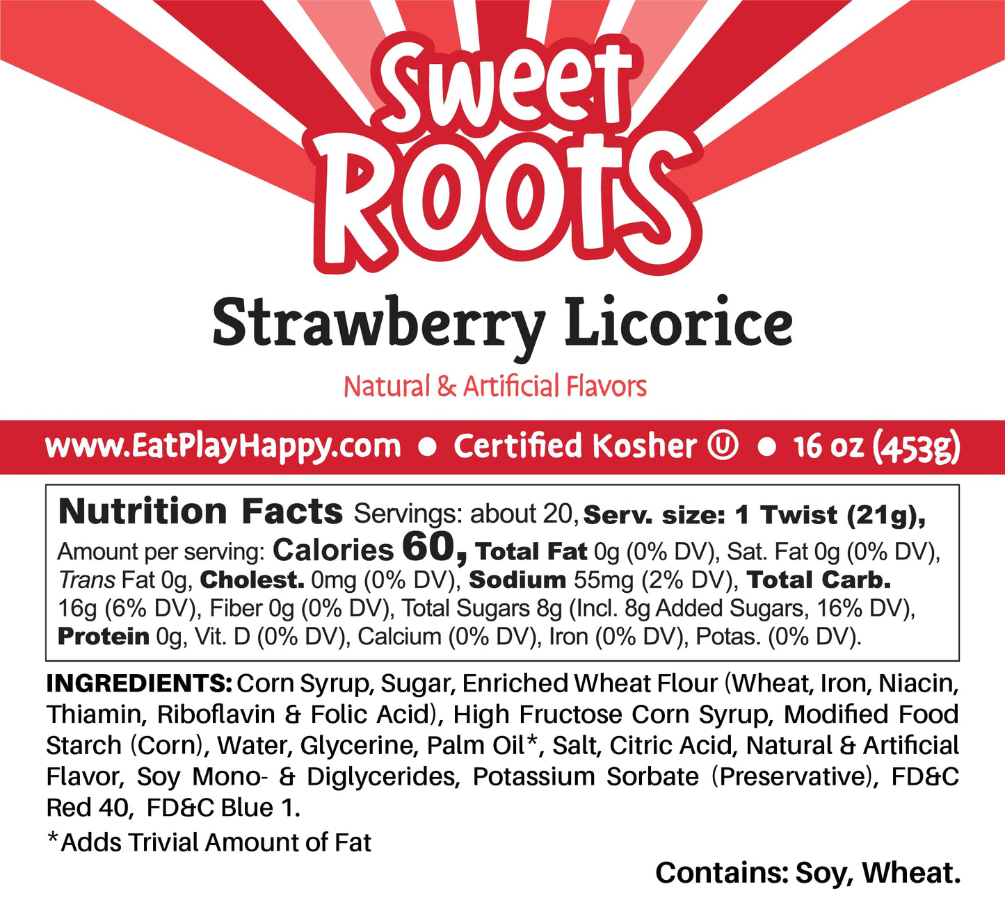 Sweet Roots Strawberry Licorice Twists (16 Oz / 1 Bag) - Jumbo Size - Certified Kosher - Vegan - Fat Free