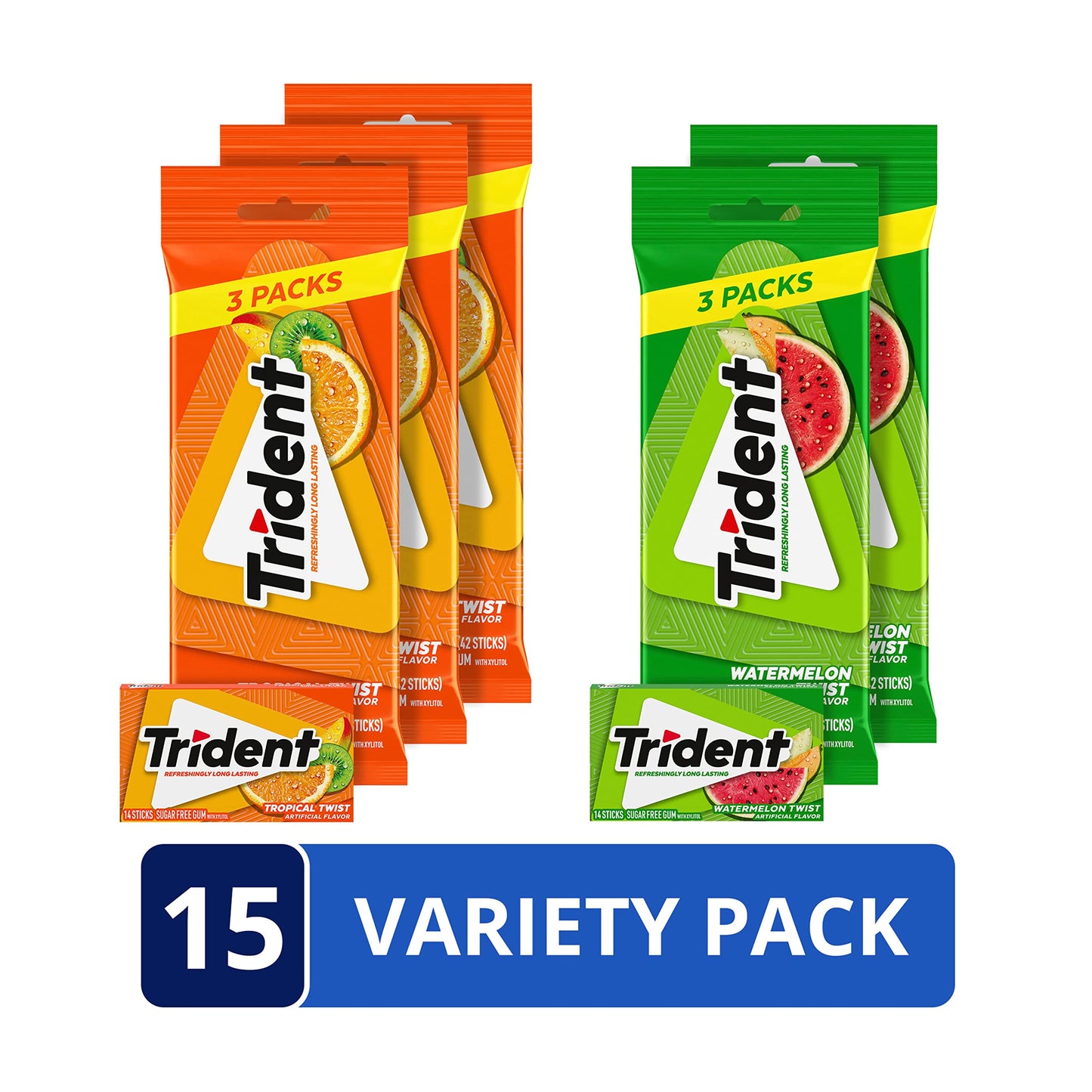 Trident Sugar Free Gum Variety Pack, Watermelon Twist & Tropical Twist Flavors, 15 Packs Of 14 Pieces (210 Total Pieces)