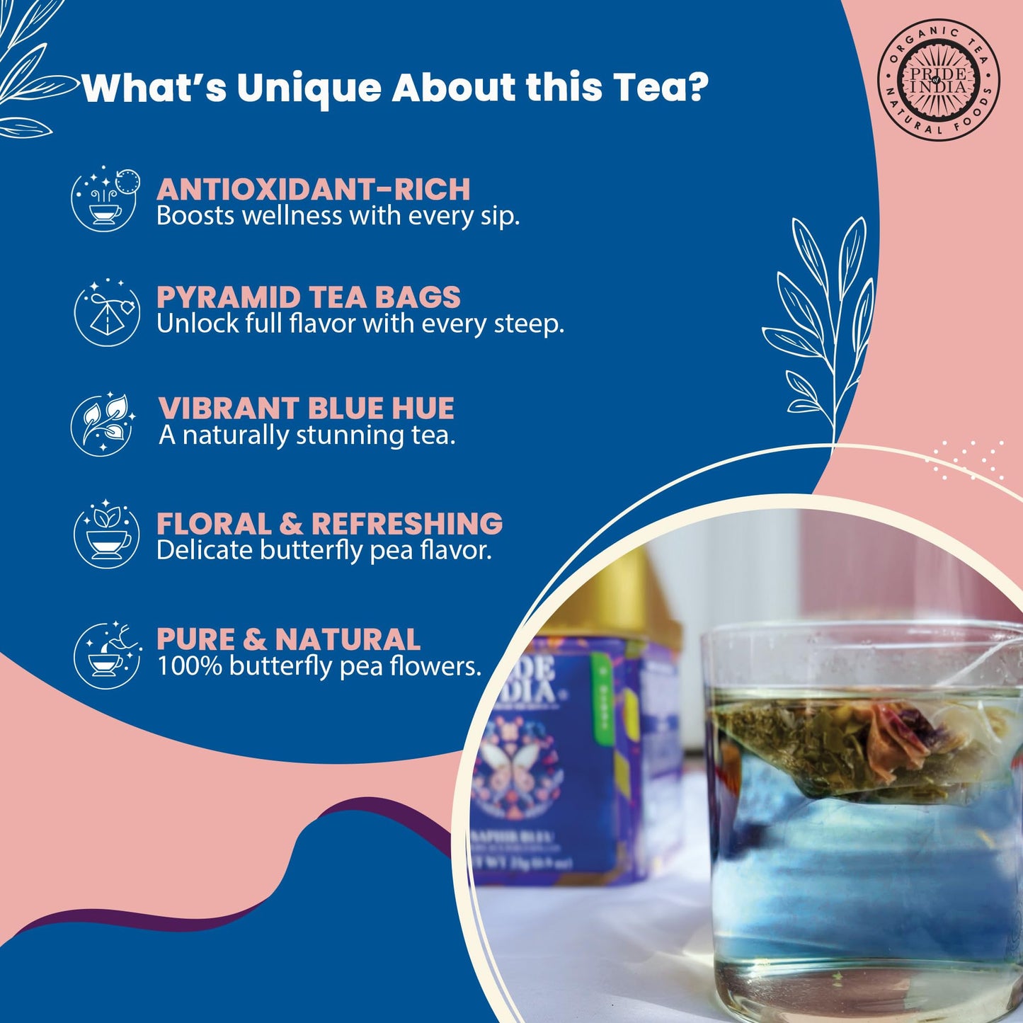Pride Of India | Blue Sapphire: Butterfly Pea Flower Tea 1 Oz (28.3 Gm) | 100% Pure Butterfly Pea Flower | Mild, Earthy Flavor & Subtle Floral Flavor | Enhanced Pyramid Nylon Tea Bags