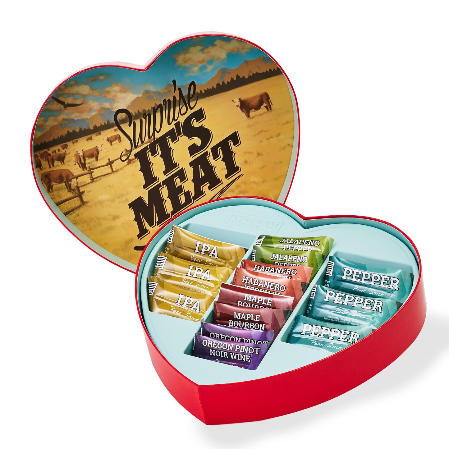 Man Crates Jerky Heart - 10 Beef Jerky Snacks Assortment - Includes Whiskey Maple and Honey Bourbon Flavors - Heart-Shaped Box