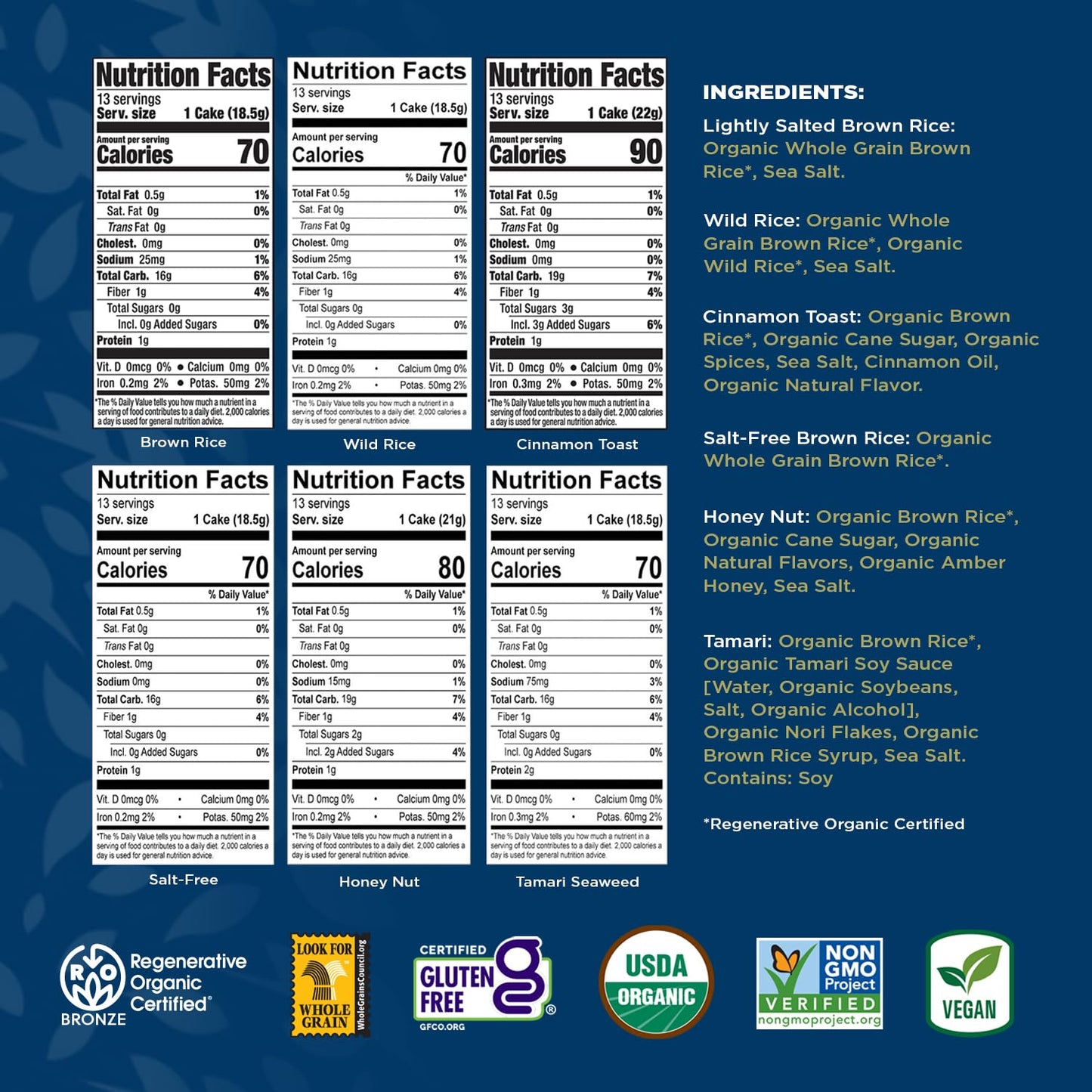 Lundberg Organic Brown Rice Cakes Variety 6-Pack - Regenerative Organic Certified Salt-Free, Lightly Salted, Wild Rice, Tamari W