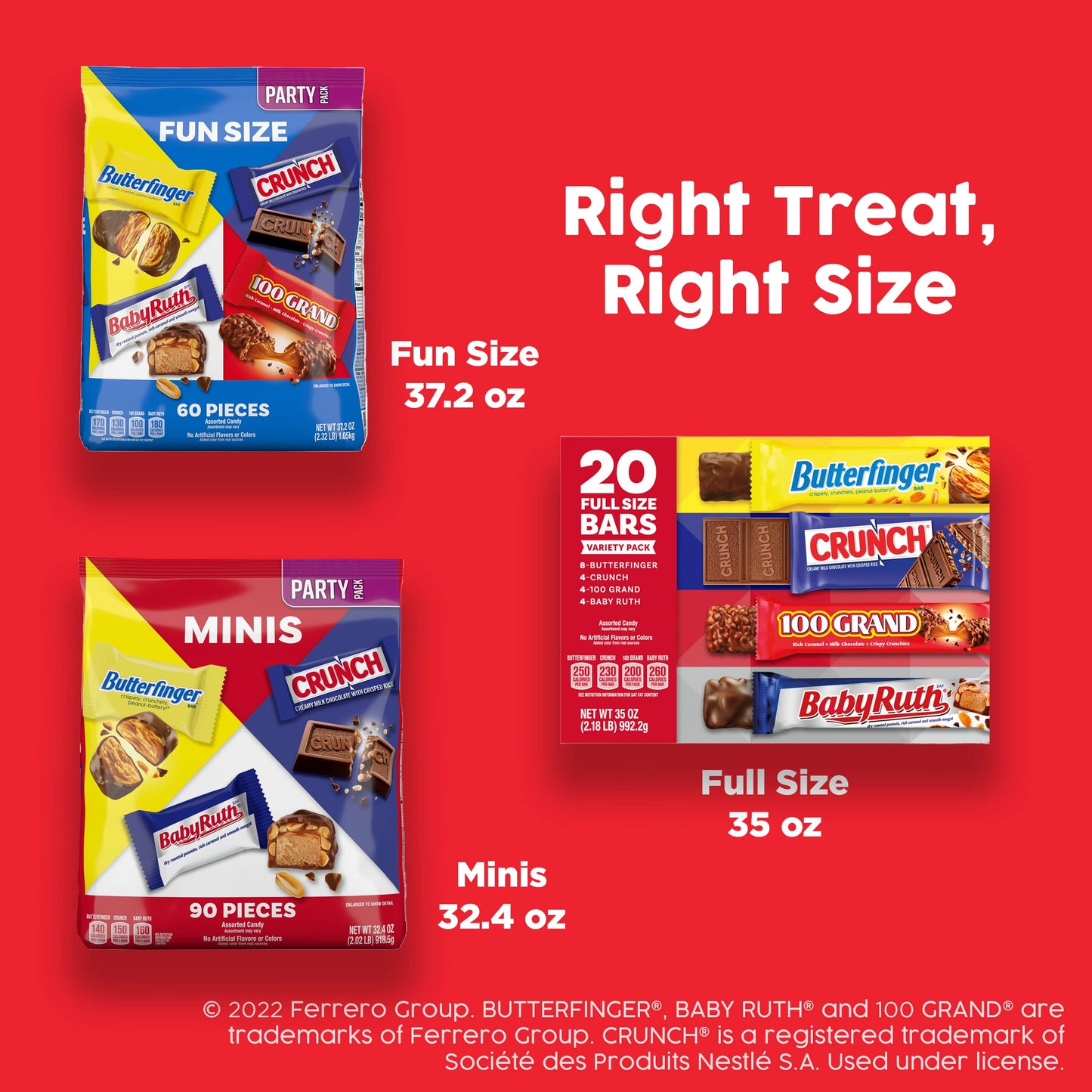 Butterfinger, CRUNCH, Baby Ruth and 100 Grand, 135 Count, Assorted Mini Size Individually Wrapped Candy Bars, Halloween Candy, 5