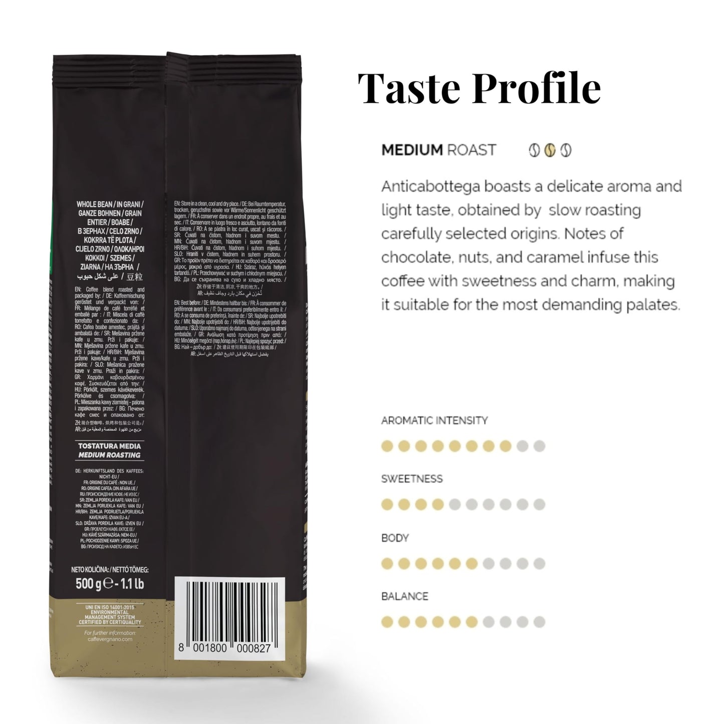 Caffe Vergnano 1882 Antica Bottega Whole Bean Arabica Medium Roast Espresso - Italian Coffee Beans Chocolate, Nuts And Caramel N