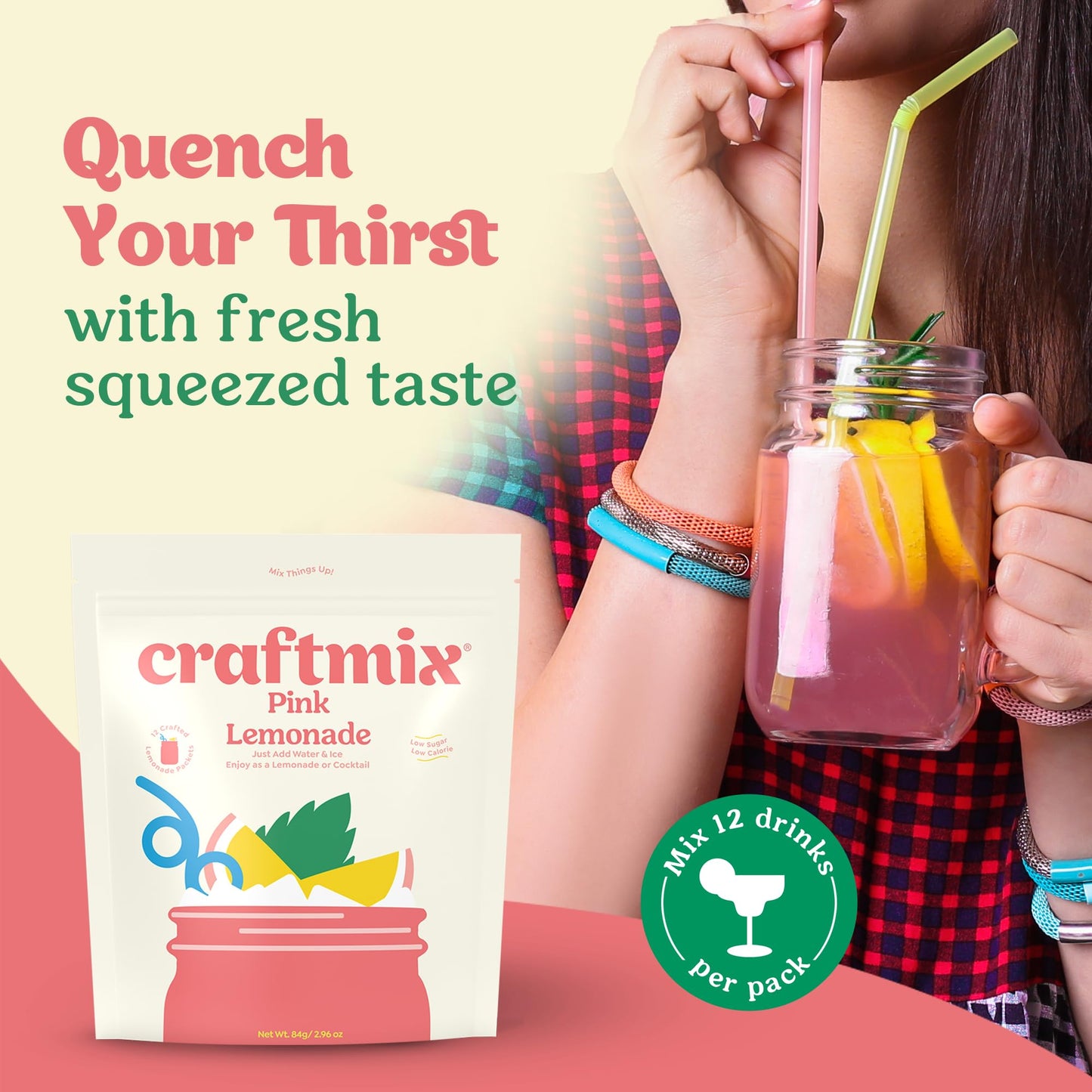 Craftmix Pink Lemonade Mix, 12 Packets, Easy Powder Drink with Real Fruit, Low-Sugar, Vegan, Low-Carb, Non-GMO, Dairy-Free, Glut