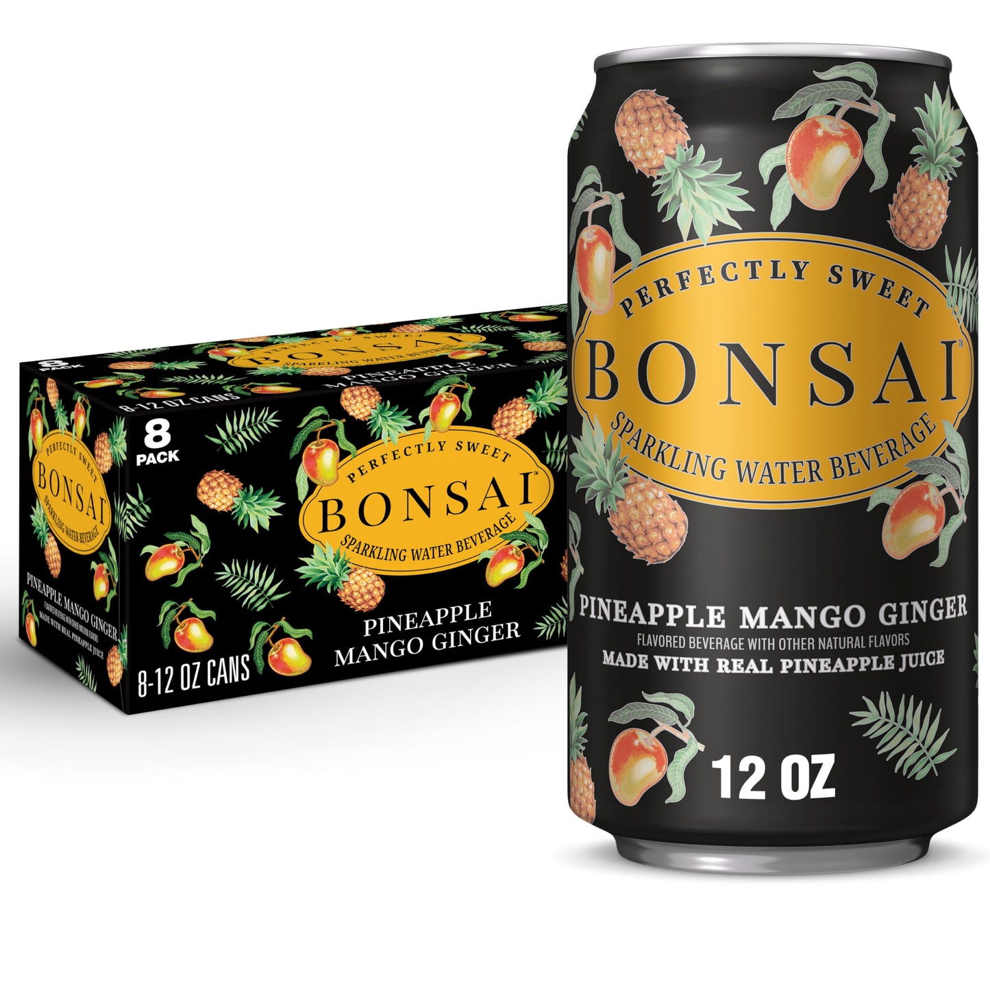 Bonsai Mango Pineapple Ginger Sweetened Sparkling Water, 12 fl oz cans, 8 pack