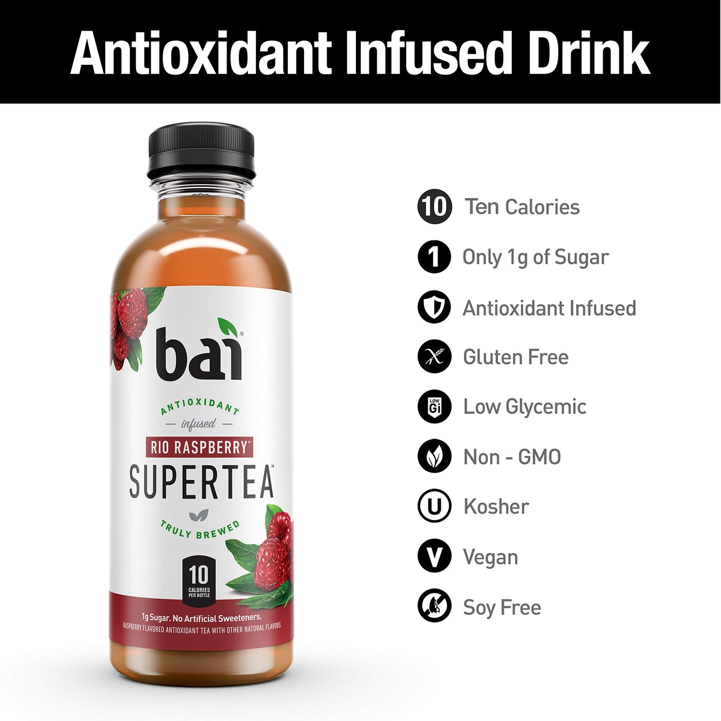 Bai Iced Tea Rio Raspberry, Antioxidant Infused, Black & White Tea, 18 Fl Oz, Pack of 12